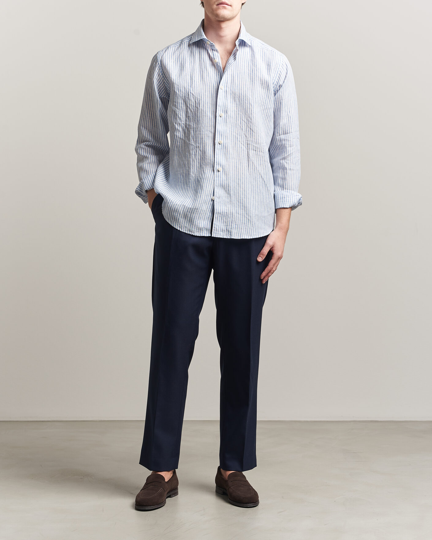 Uomini | Camicie | Eton | Casual Fit Striped Linen Shirt Light Blue