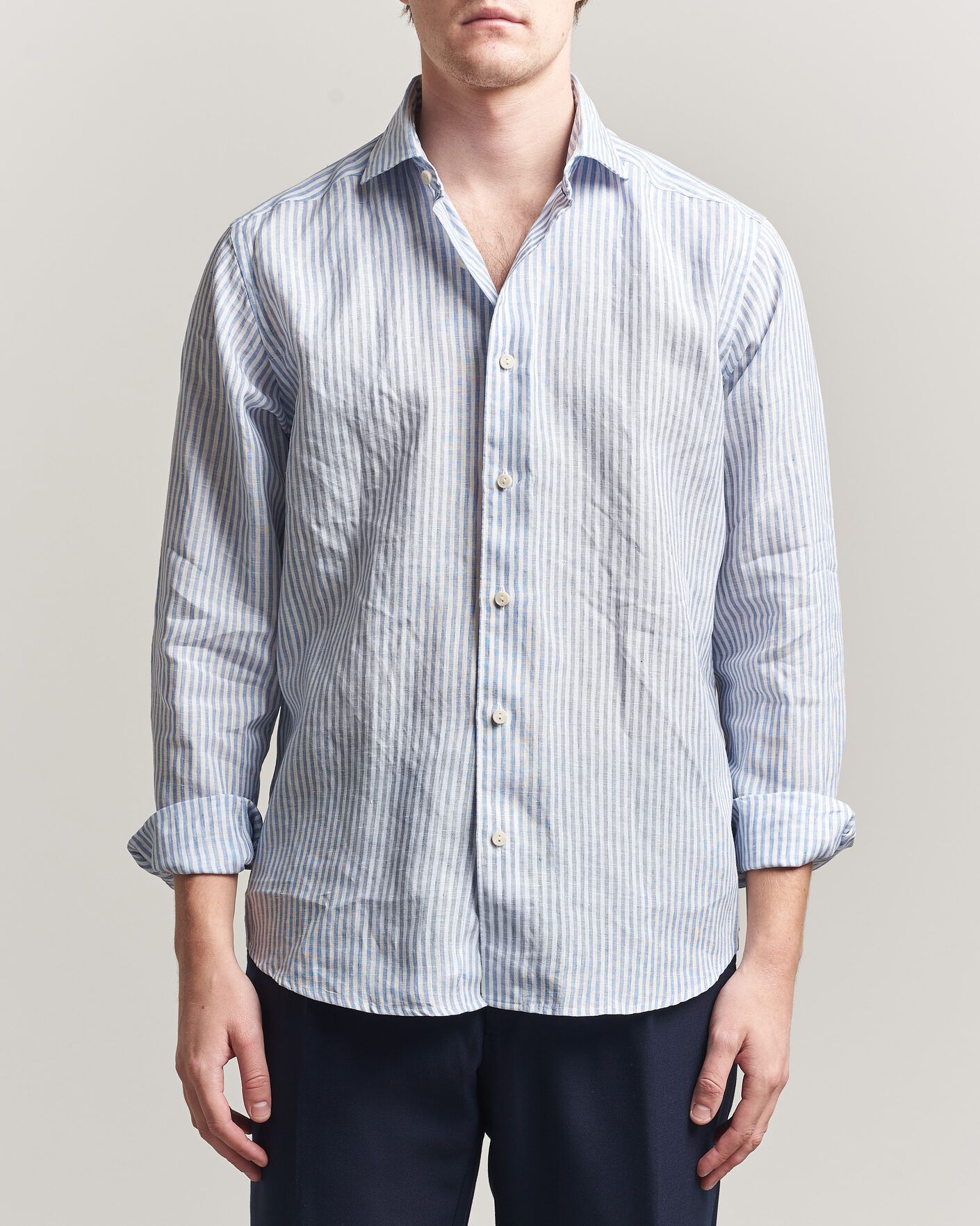 Uomini | Camicie | Eton | Casual Fit Striped Linen Shirt Light Blue