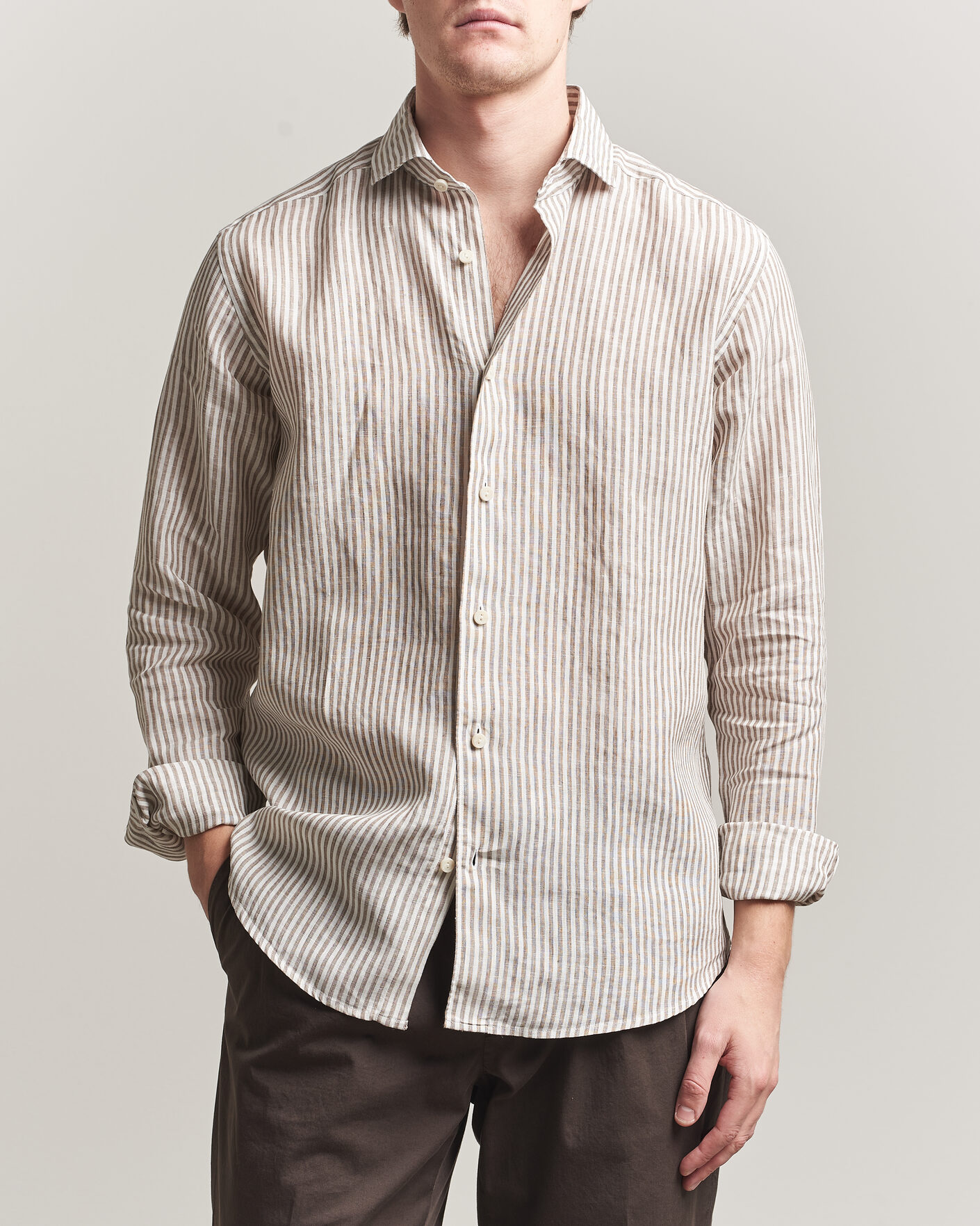Uomini | Camicie | Eton | Casual Fit Striped Linen Shirt Beige