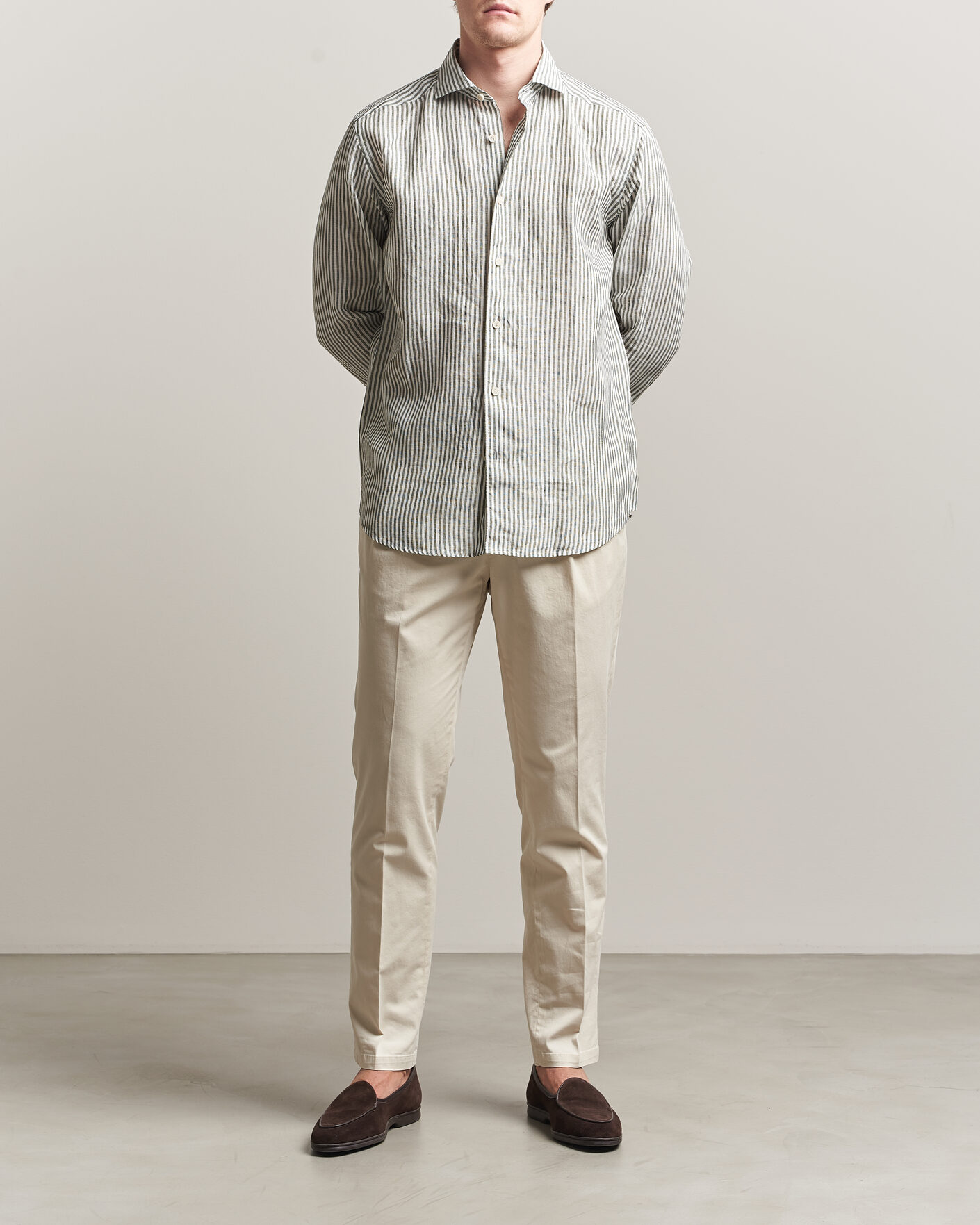 Uomini | Camicie | Eton | Casual Fit Striped Linen Shirt Dark Green