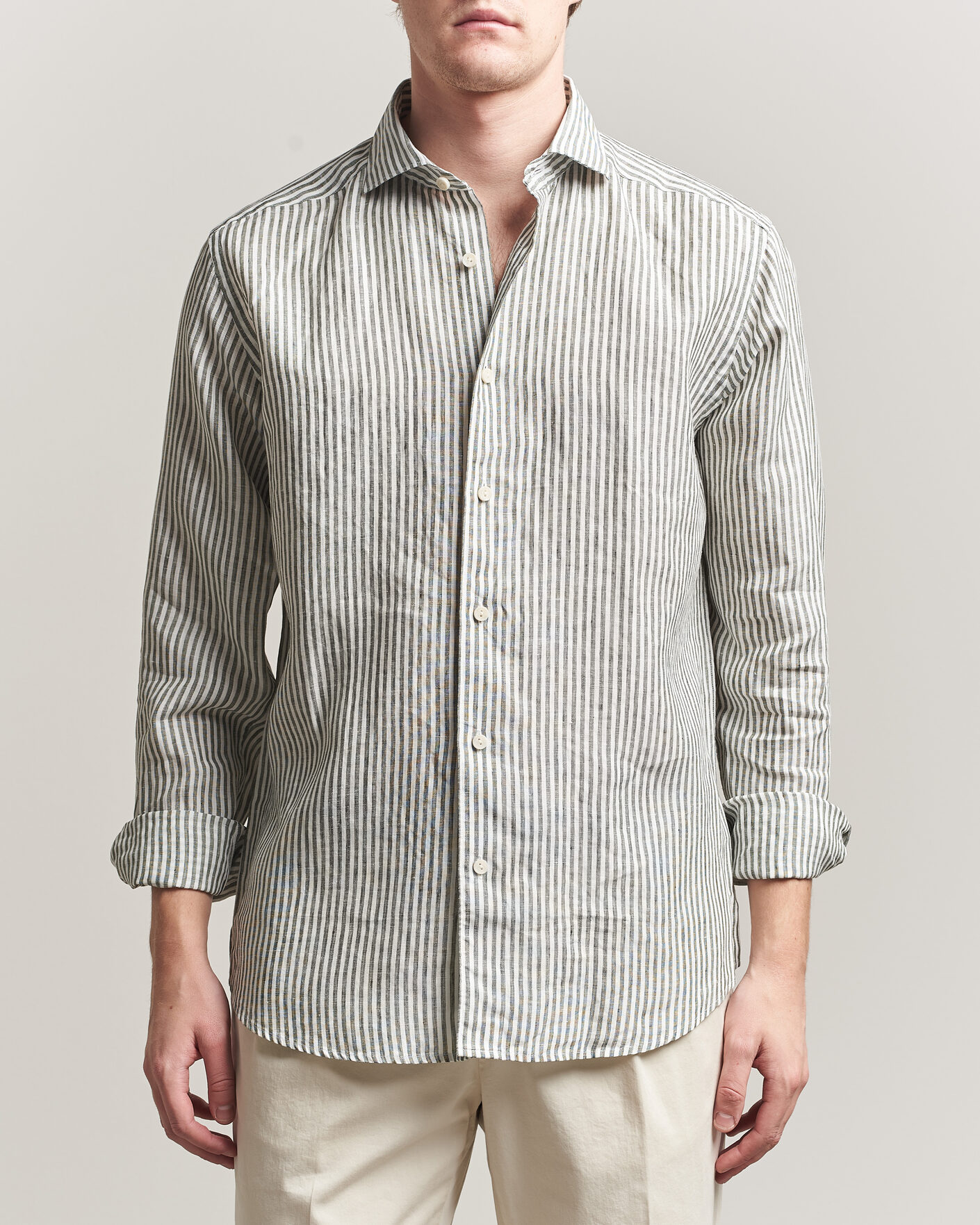 Uomini | Camicie | Eton | Casual Fit Striped Linen Shirt Dark Green