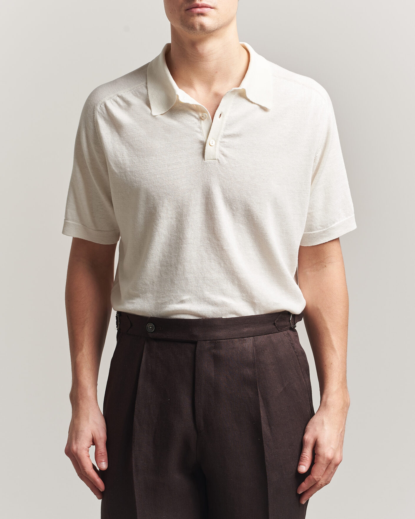 Uomini | Polo | Eton | Cotton Linen Fine Knit Polo White