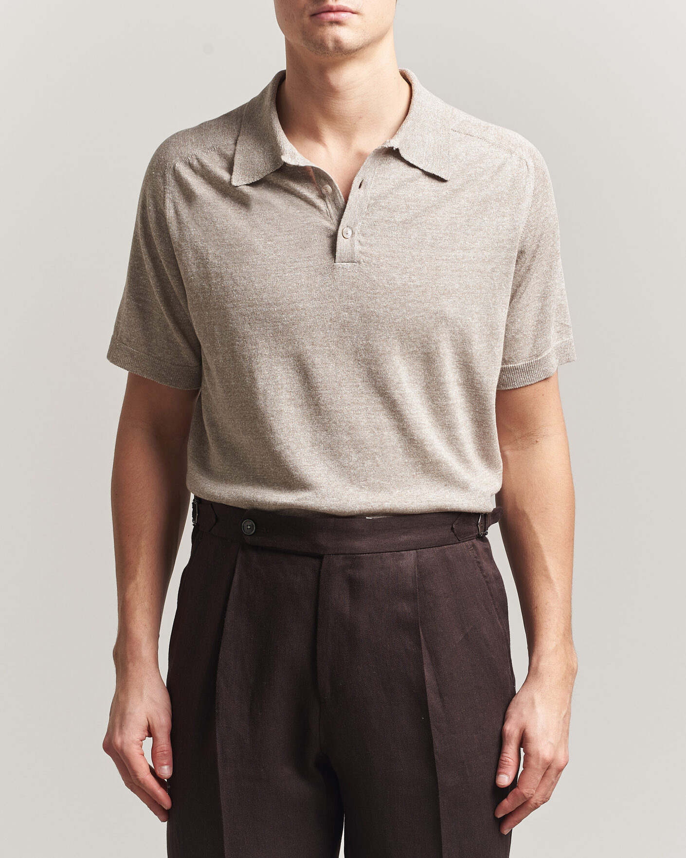 Uomini | Polo | Eton | Cotton Linen Fine Knit Polo Beige