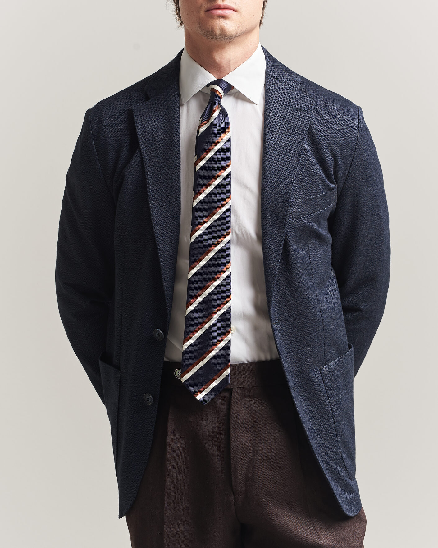 Uomini | Blazers | Eton | Linen Jersey Herringbone Blazer Navy Blue
