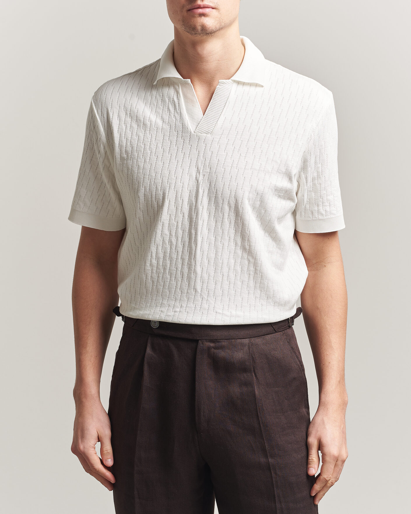 Uomini | Polo | Eton | Open Collar Jacquard Polo Off White