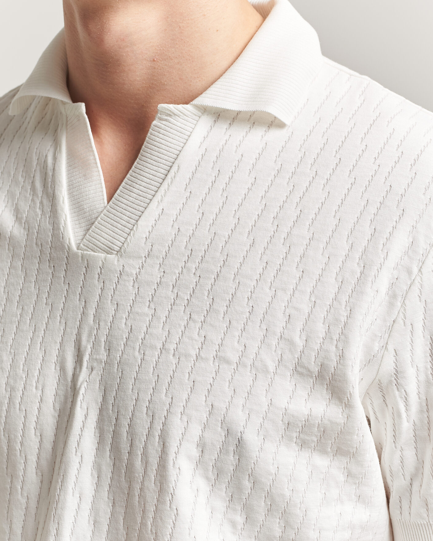 Uomini | Polo | Eton | Open Collar Jacquard Polo Off White