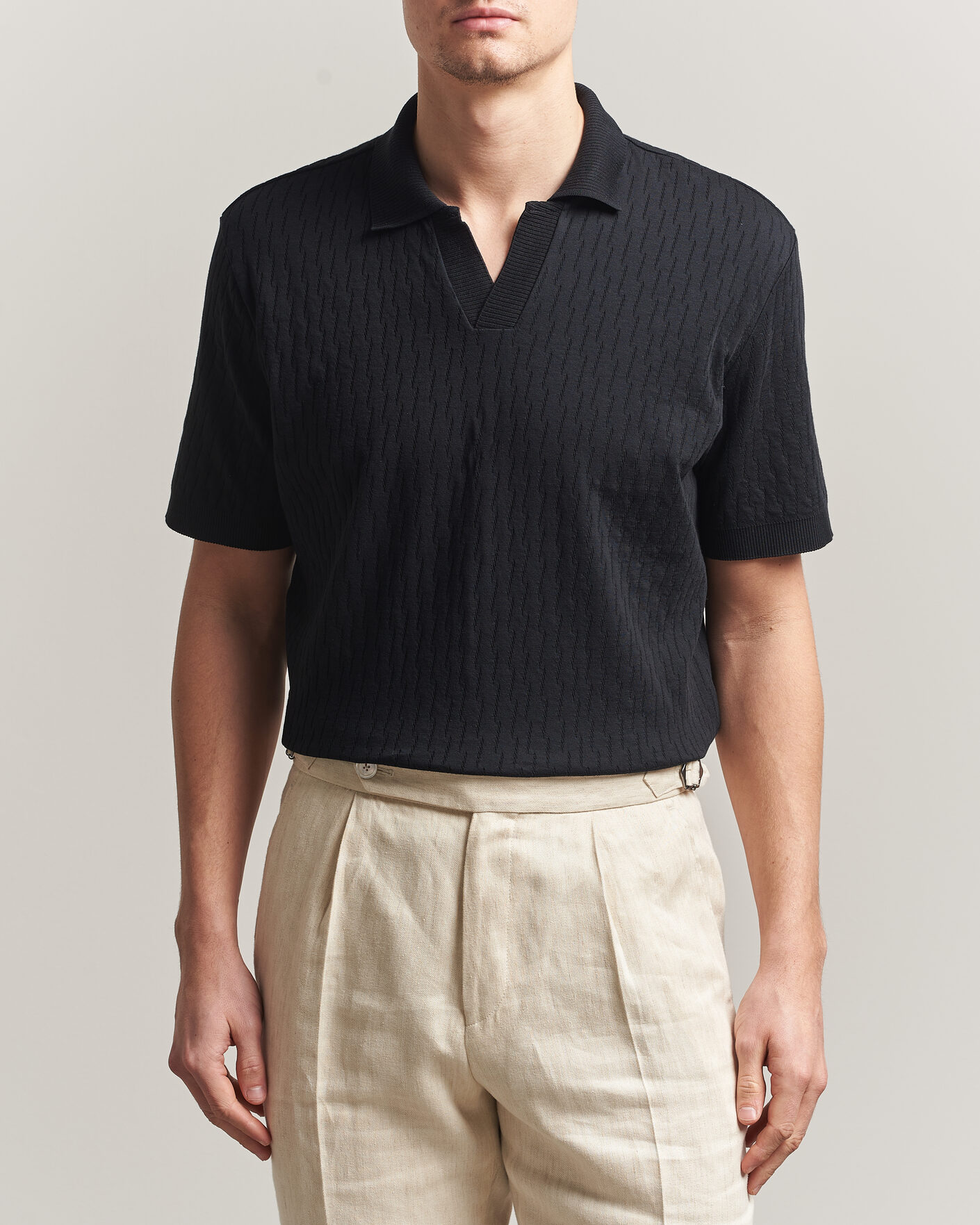 Uomini | Polo | Eton | Open Collar Jacquard Polo Black