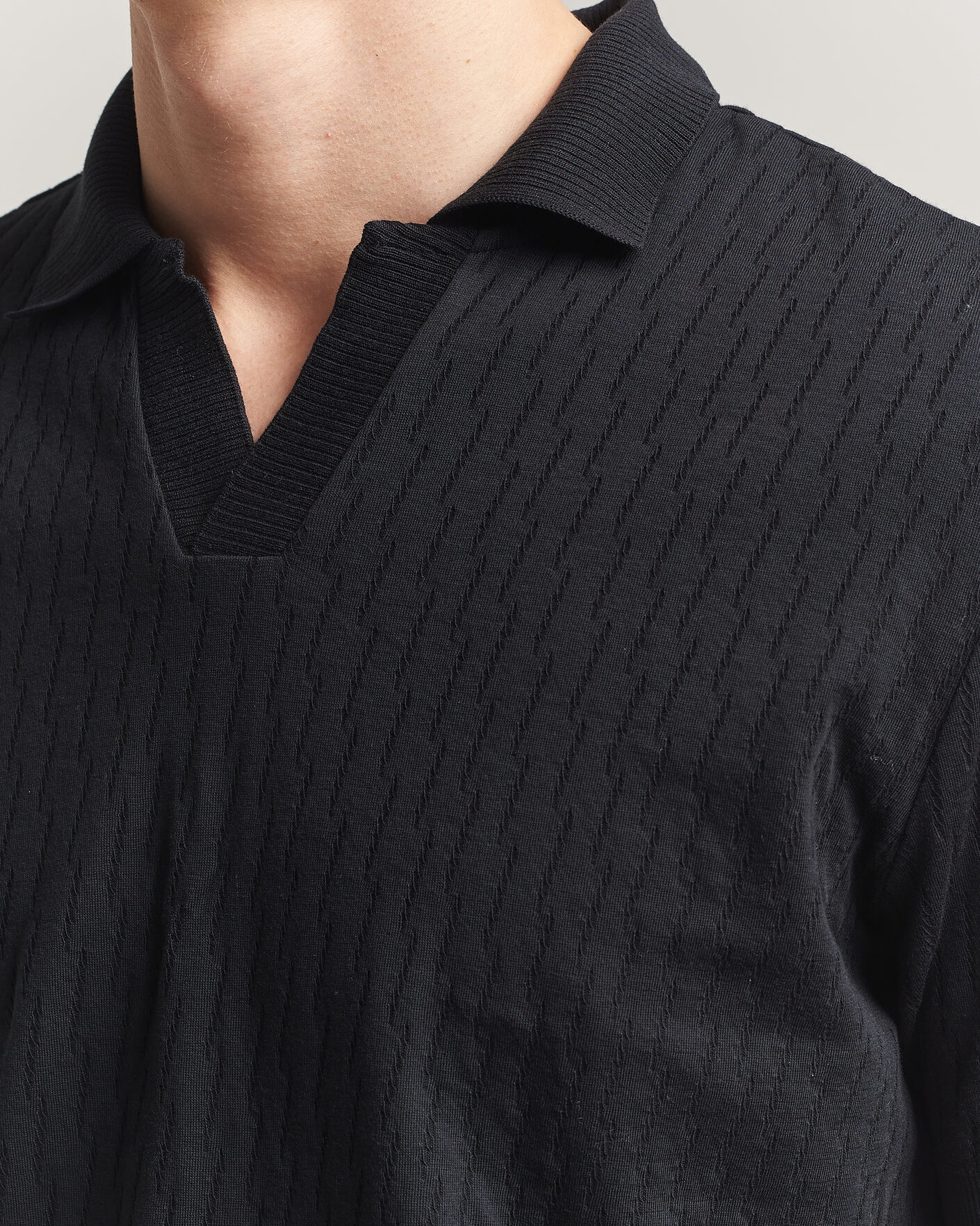 Uomini | Polo | Eton | Open Collar Jacquard Polo Black