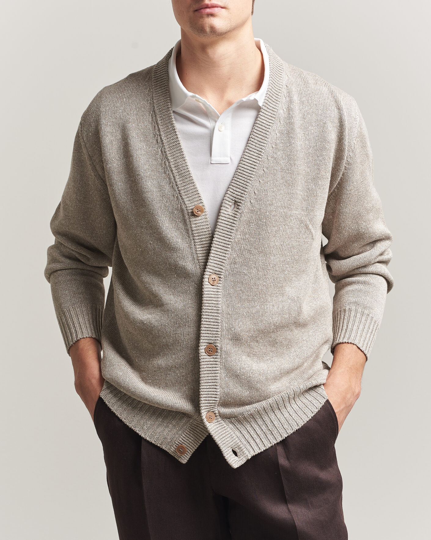 Uomini | Maglieria | Eton | Cotton Linen Knitted Cardigan Beige