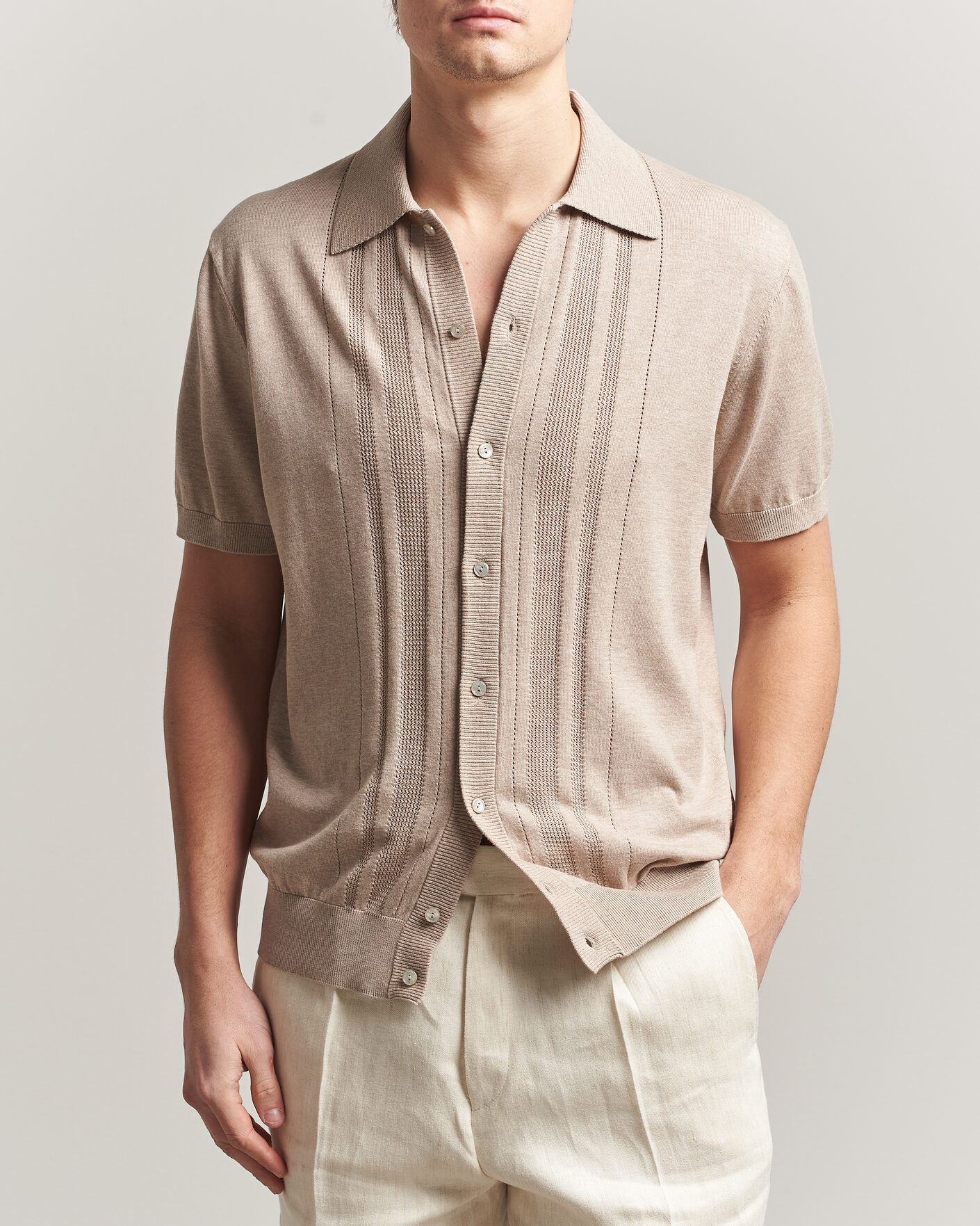 Uomini | Camicie | Eton | Cotton Structured Knitted Short Sleeve Shirt Beige