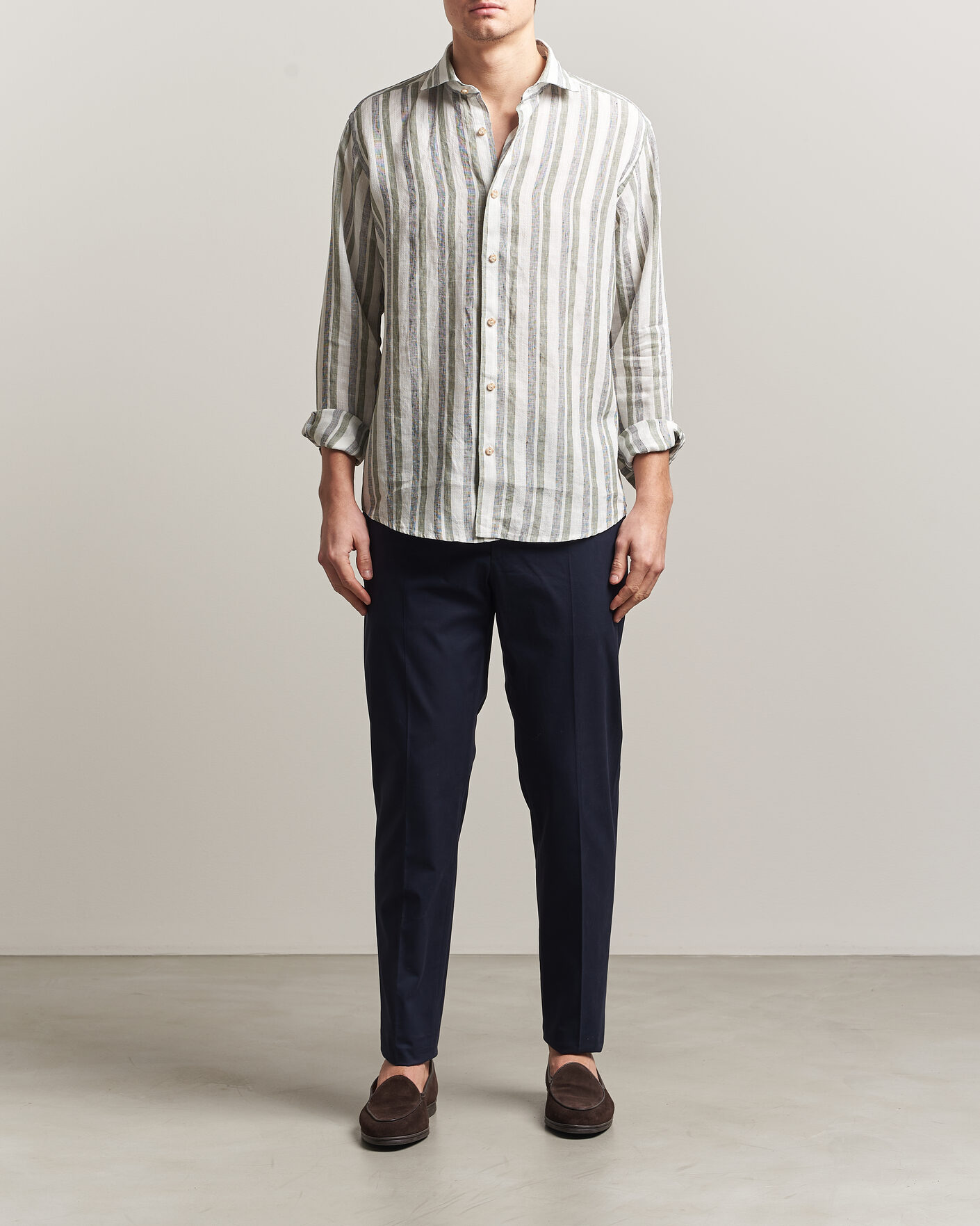 Uomini | Camicie | Eton | Casual Fit Striped Linen Shirt Dark Green