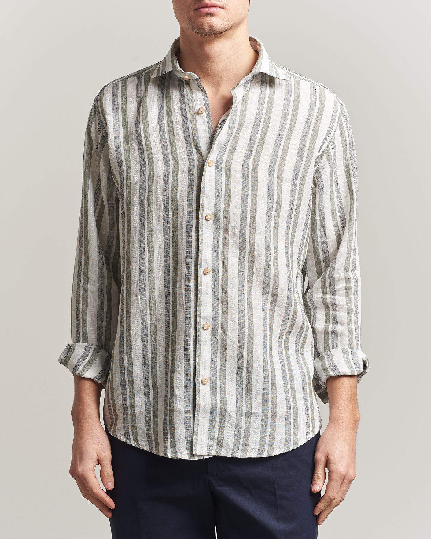 Uomini | Camicie | Eton | Casual Fit Striped Linen Shirt Dark Green