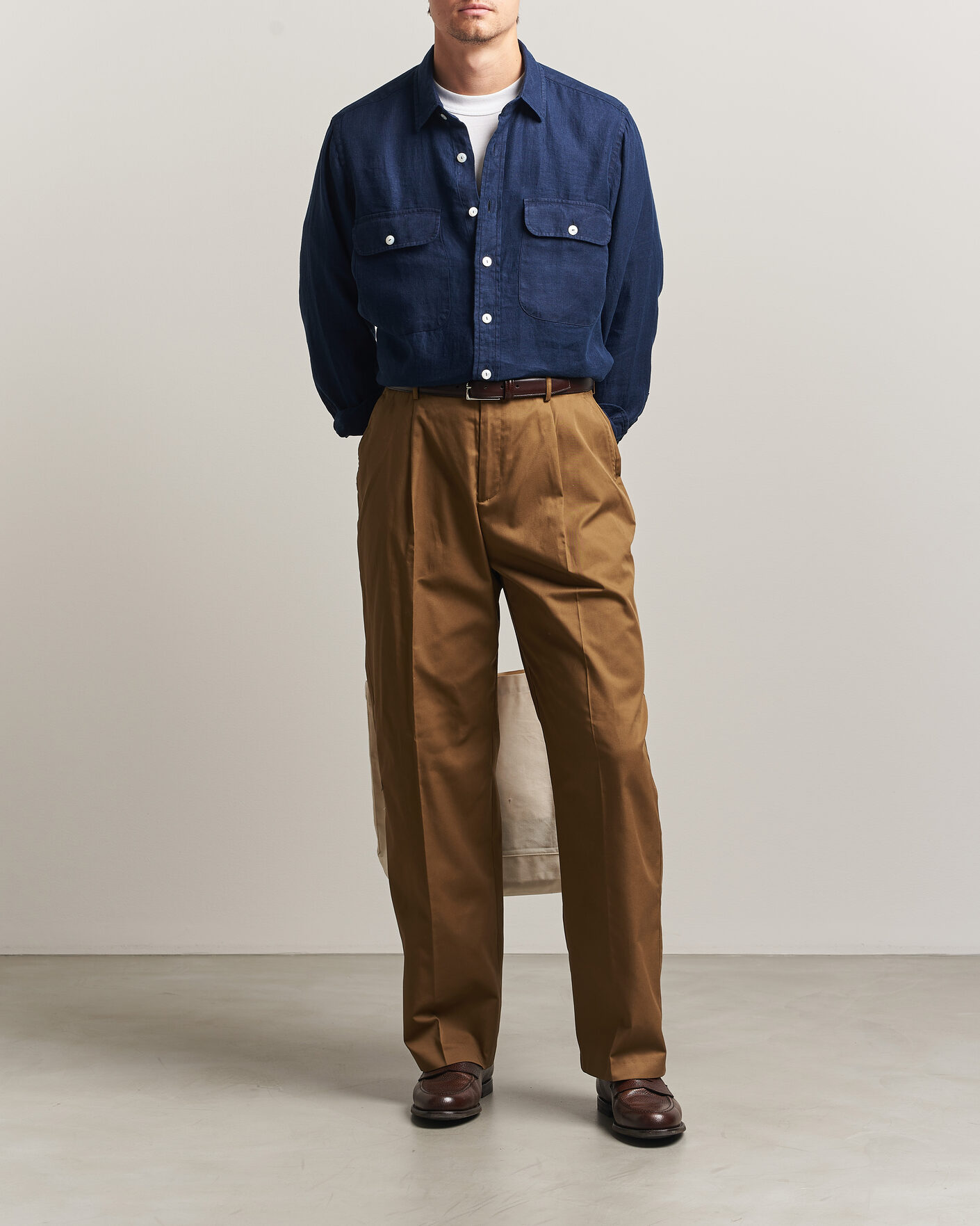 Uomini | Camicie | Drake's | Linen Twill Deep Pocket Work Shirt Navy