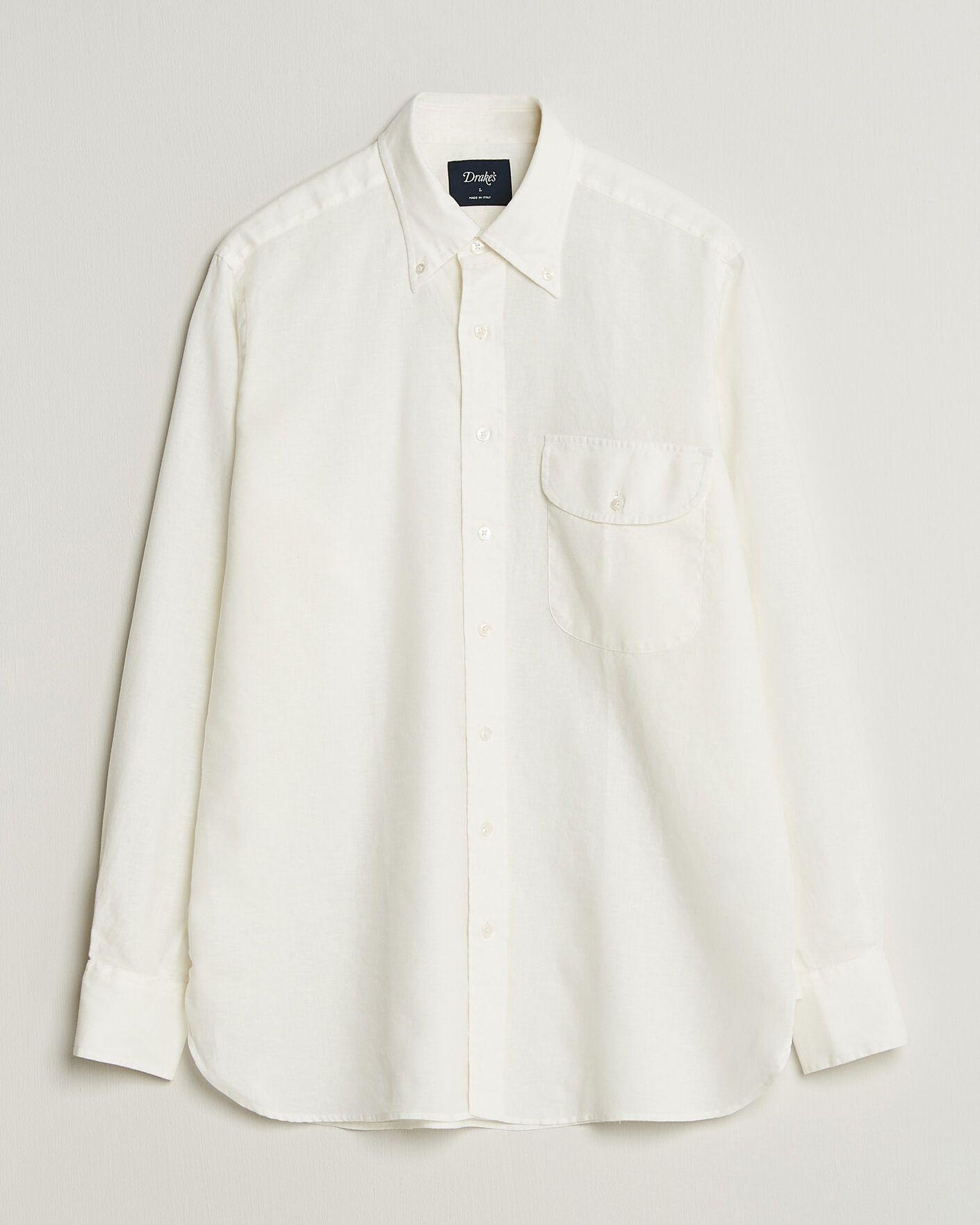 Uomini | Camicie | Drake's | Linen Button Down Curved Pocket Shirt White