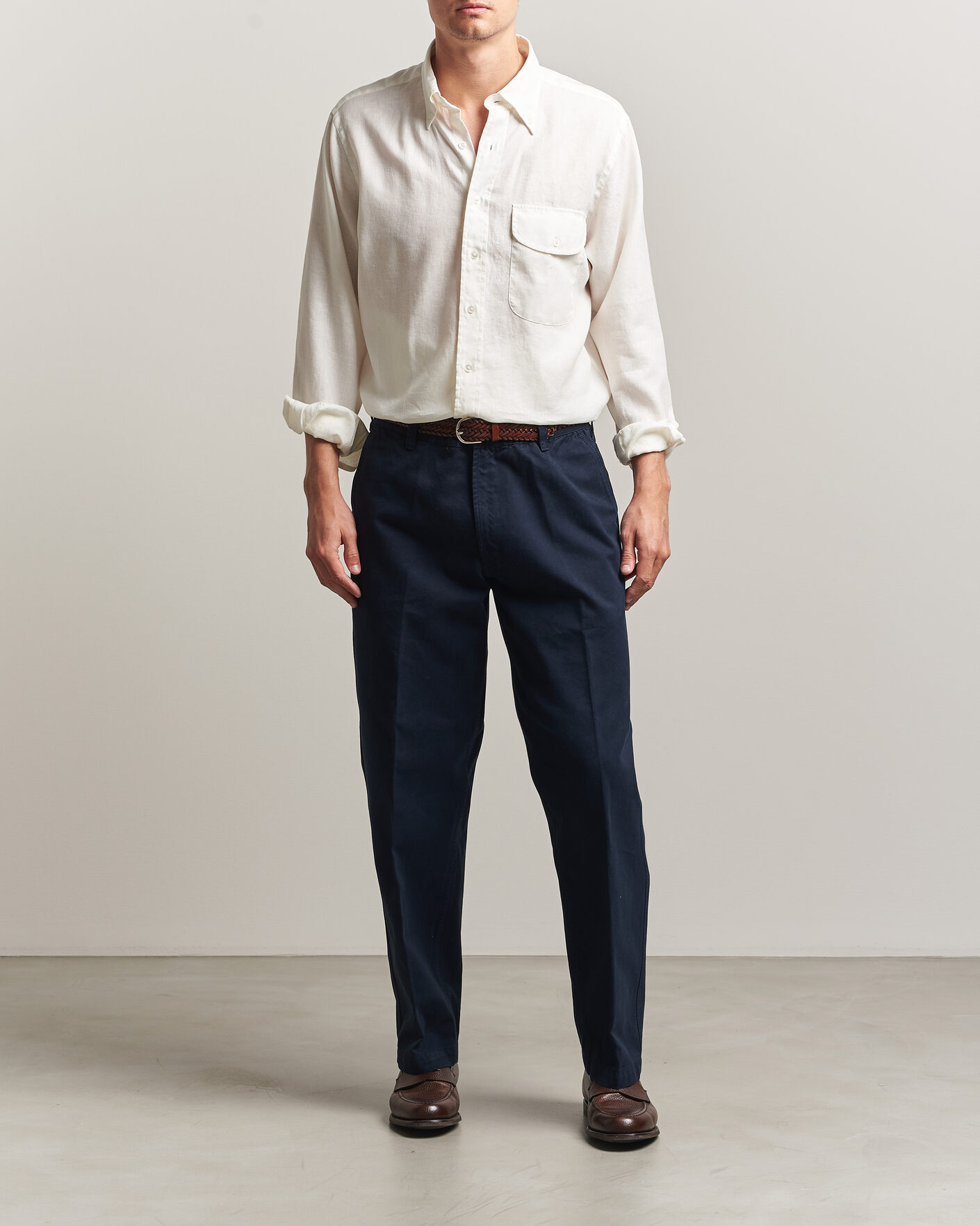 Uomini | Camicie | Drake's | Linen Button Down Curved Pocket Shirt White