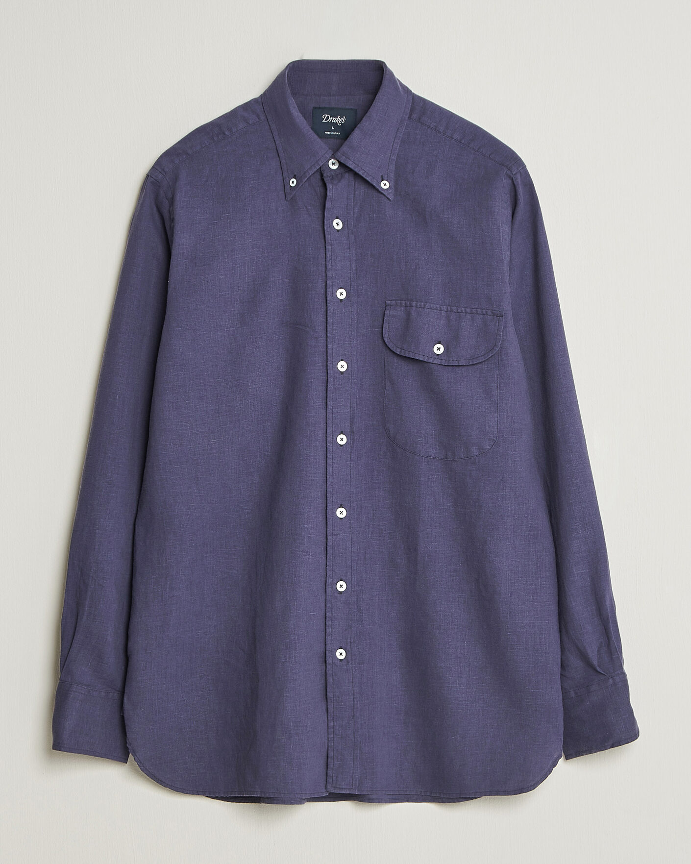 Uomini | Camicie | Drake's | Linen Button Down Curved Pocket Shirt Navy
