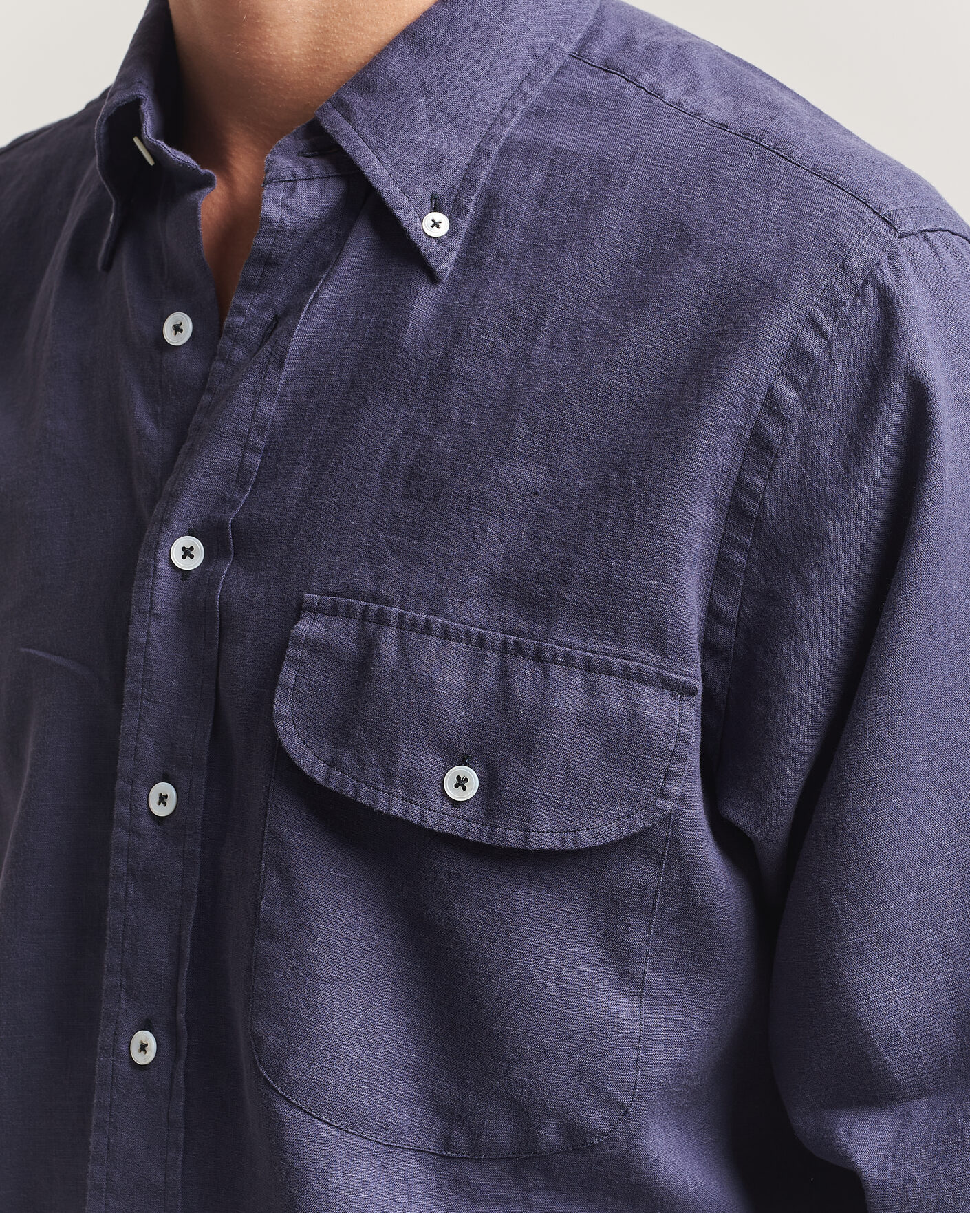 Uomini | Camicie | Drake's | Linen Button Down Curved Pocket Shirt Navy