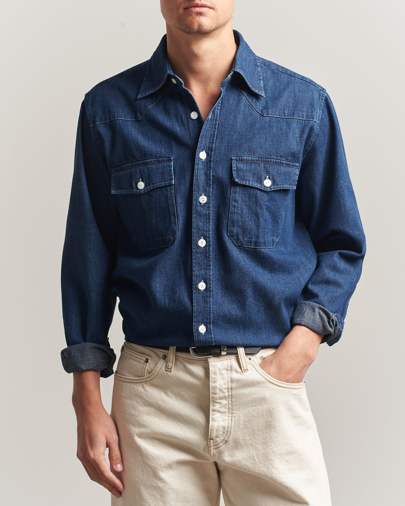 Uomini | Camicie | Drake's | Light Denim Western Shirt Stone Wash