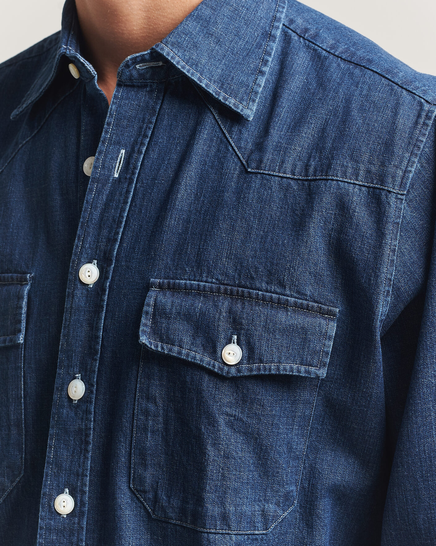 Uomini | Camicie | Drake's | Light Denim Western Shirt Stone Wash