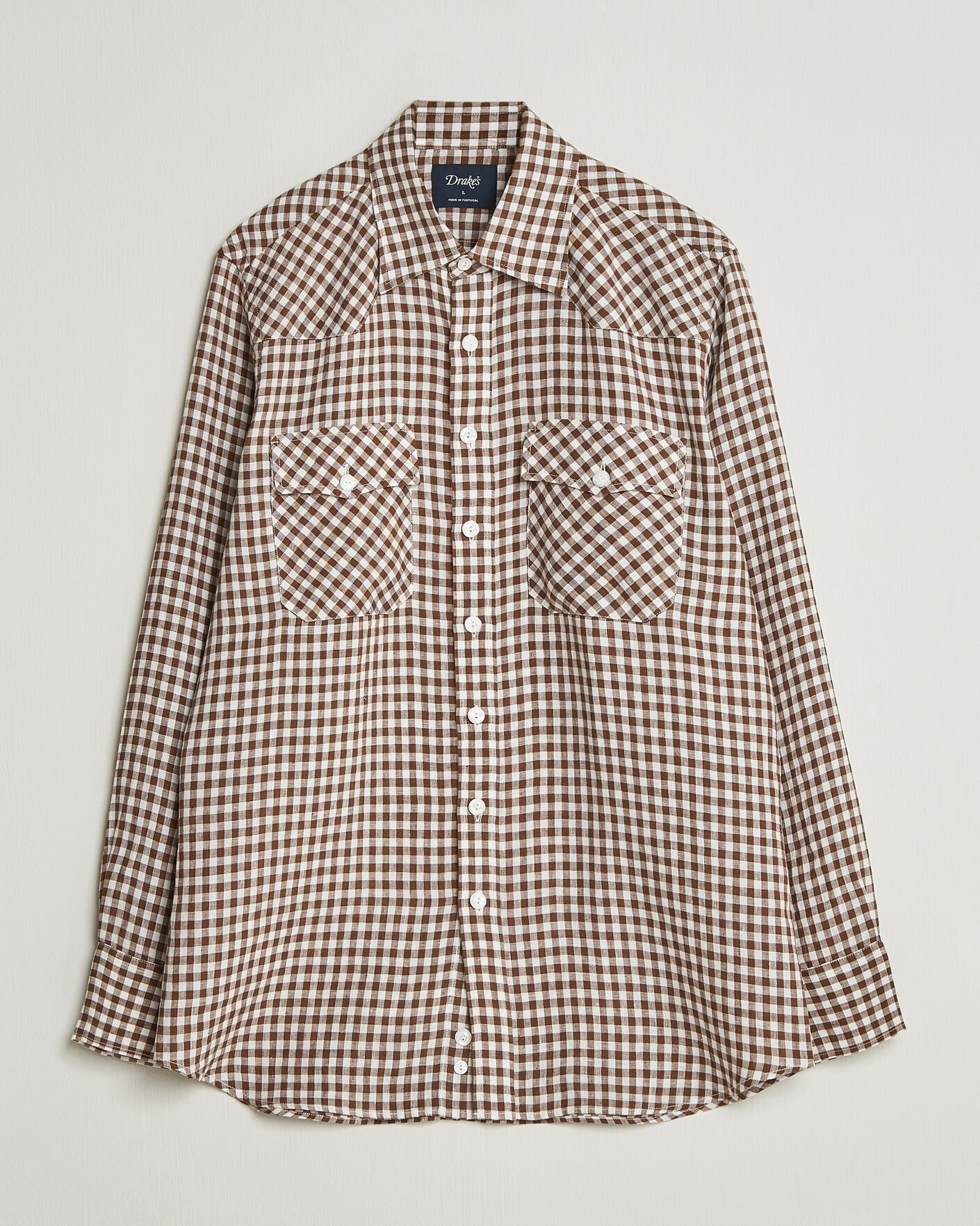 Uomini | Camicie | Drake's | Linen Gingham Western Shirt Brown/White