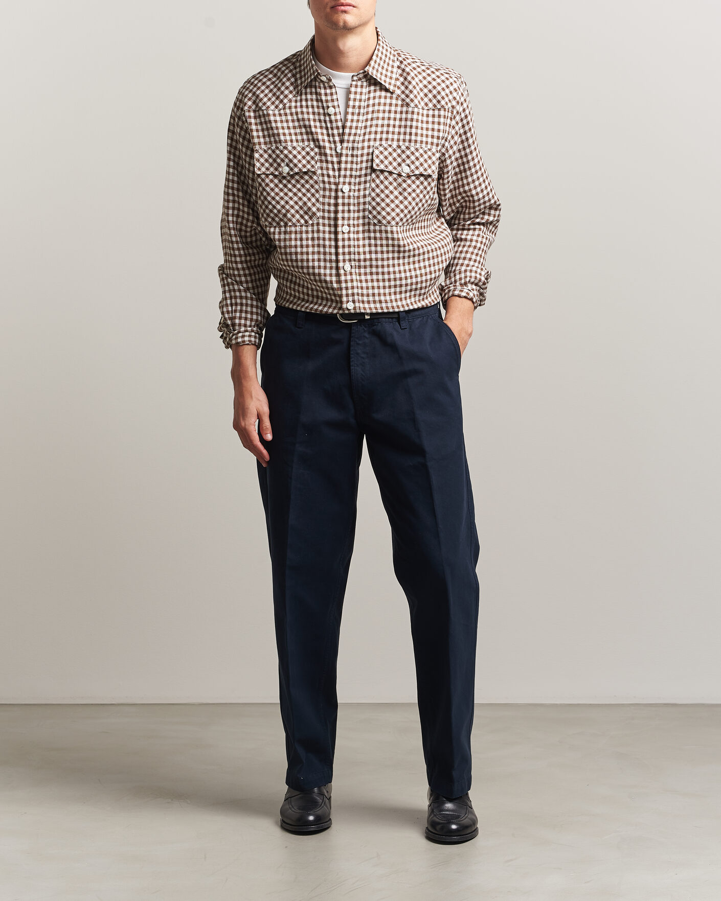 Uomini | Camicie | Drake's | Linen Gingham Western Shirt Brown/White