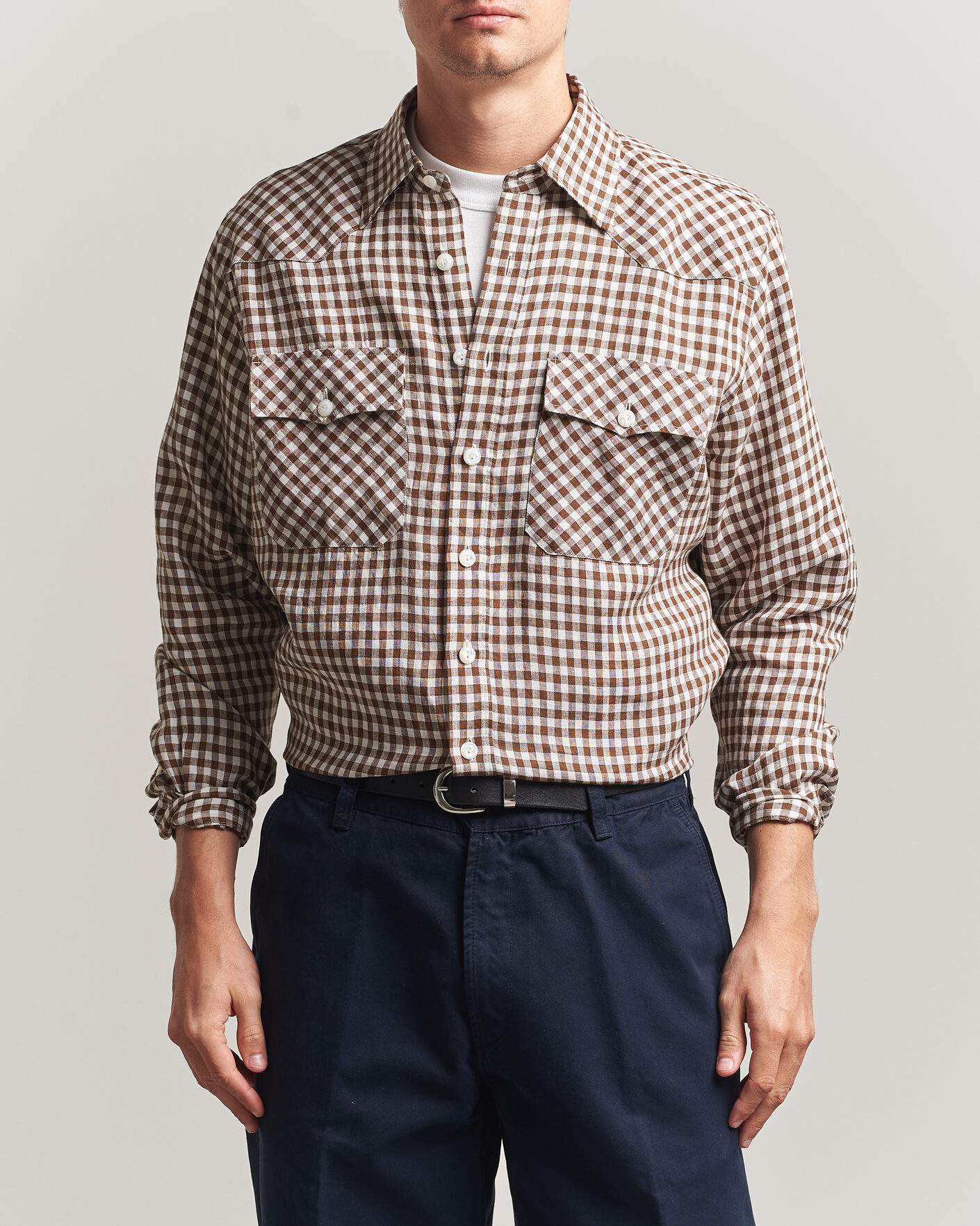 Uomini | Camicie | Drake's | Linen Gingham Western Shirt Brown/White