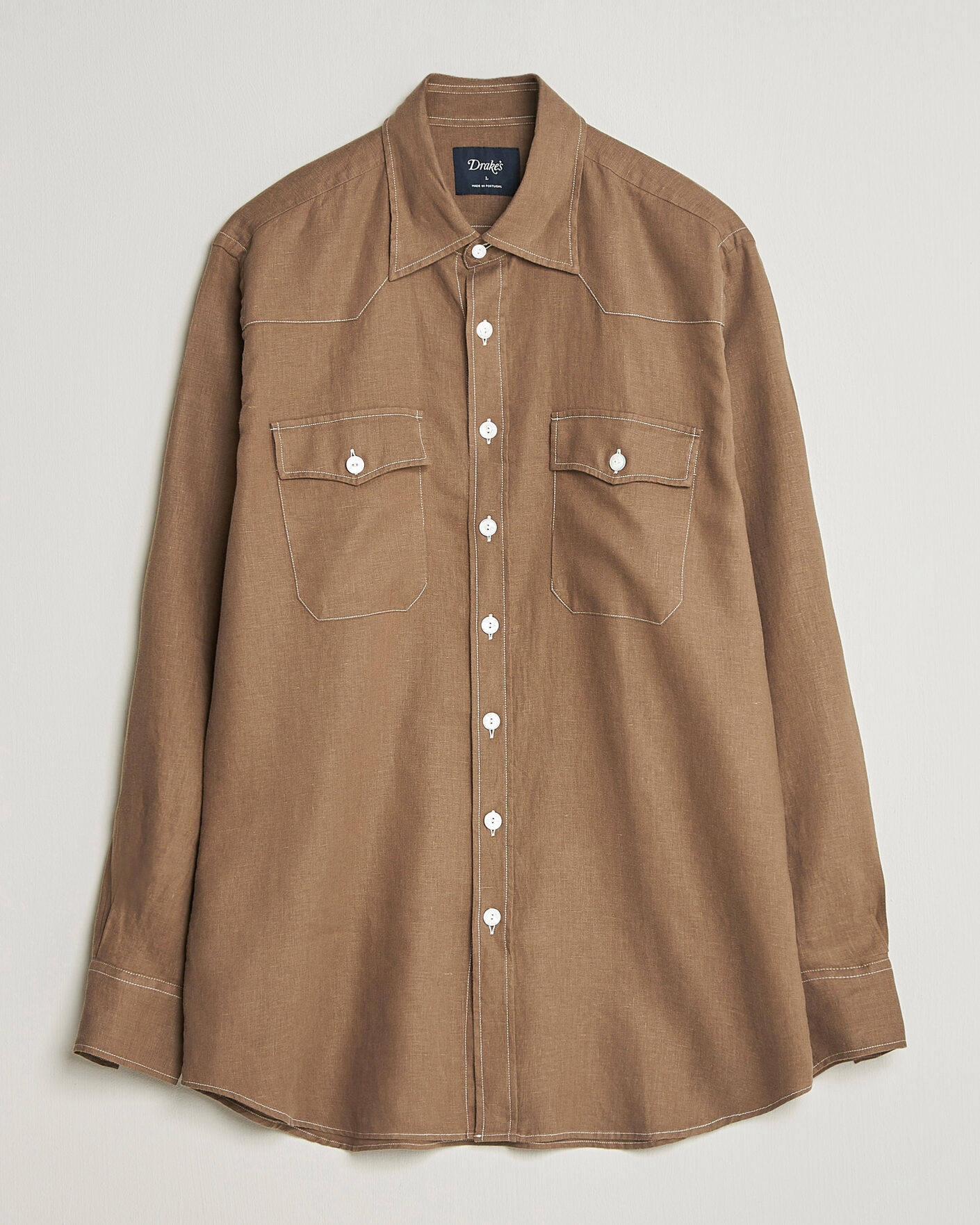 Uomini | Camicie | Drake's | Solid Linen Western Shirt Brown