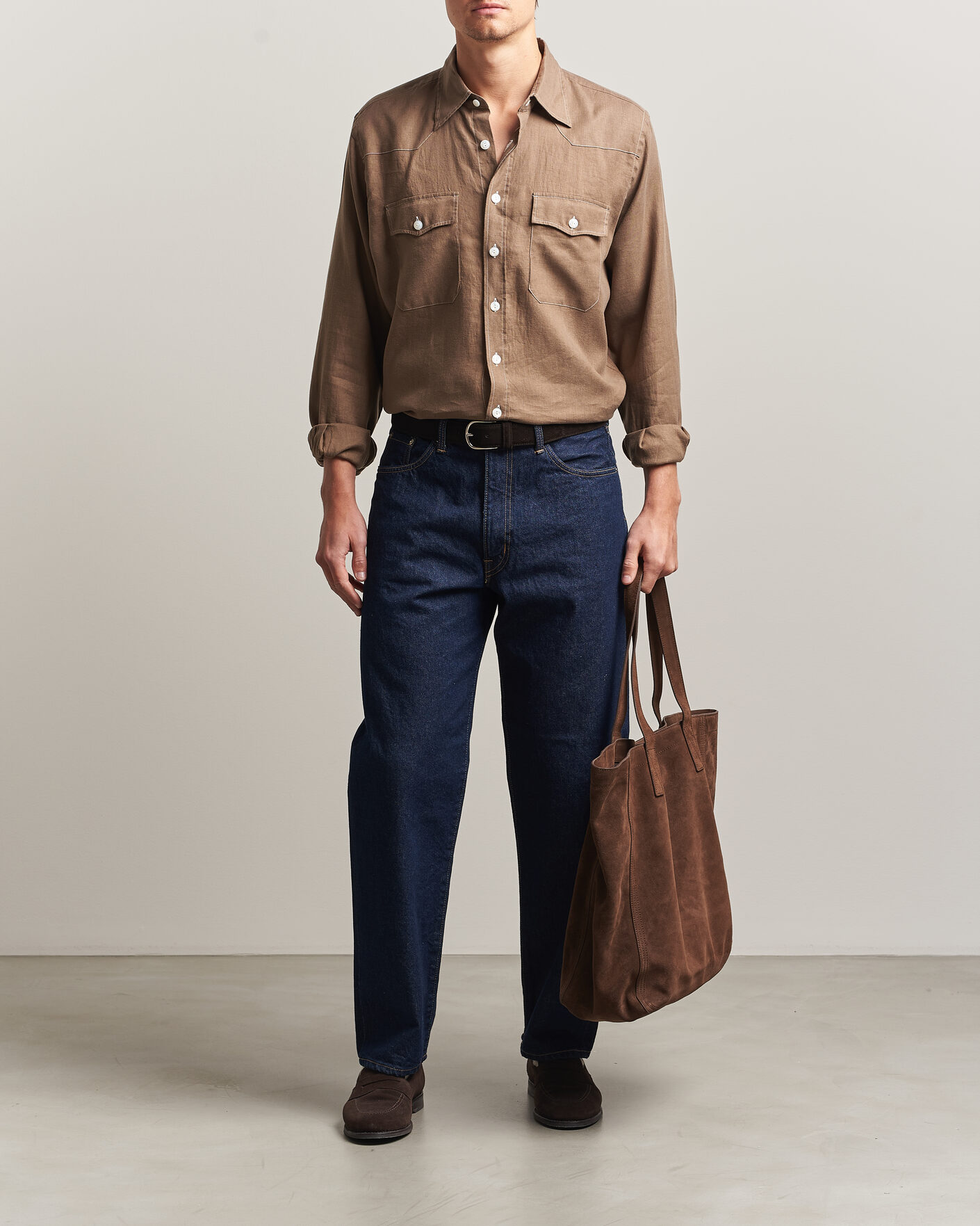 Uomini | Camicie | Drake's | Solid Linen Western Shirt Brown