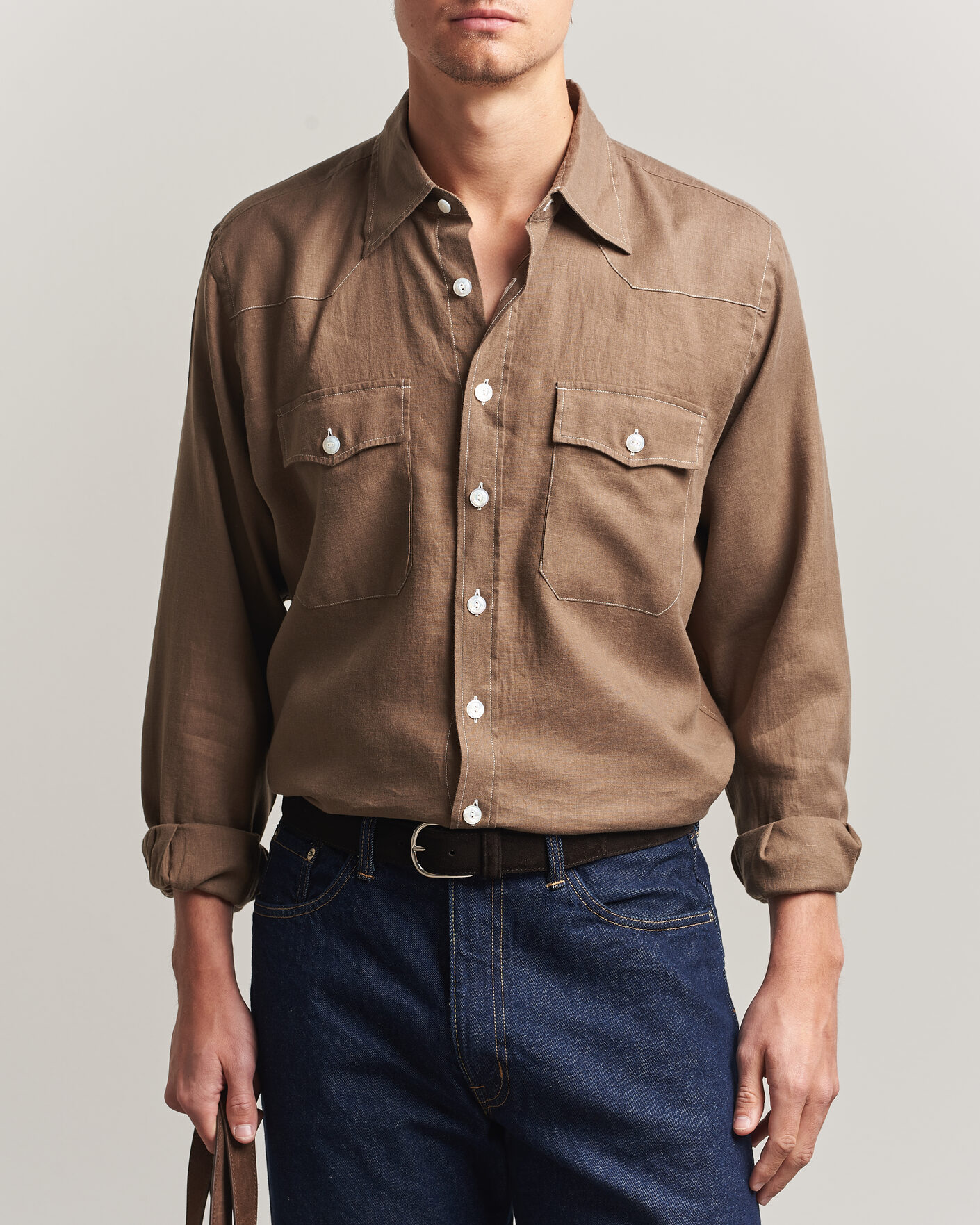 Uomini | Camicie | Drake's | Solid Linen Western Shirt Brown