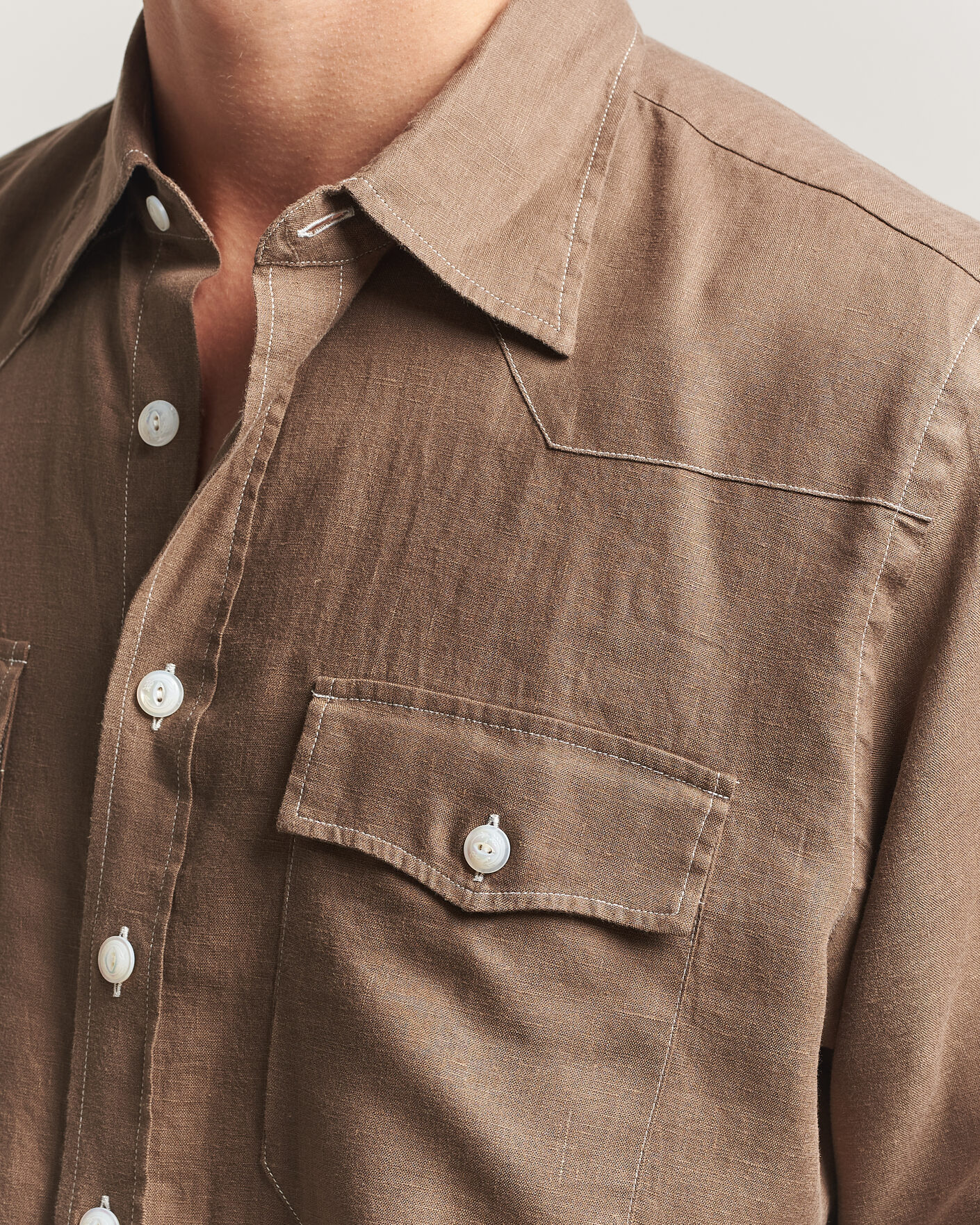 Uomini | Camicie | Drake's | Solid Linen Western Shirt Brown