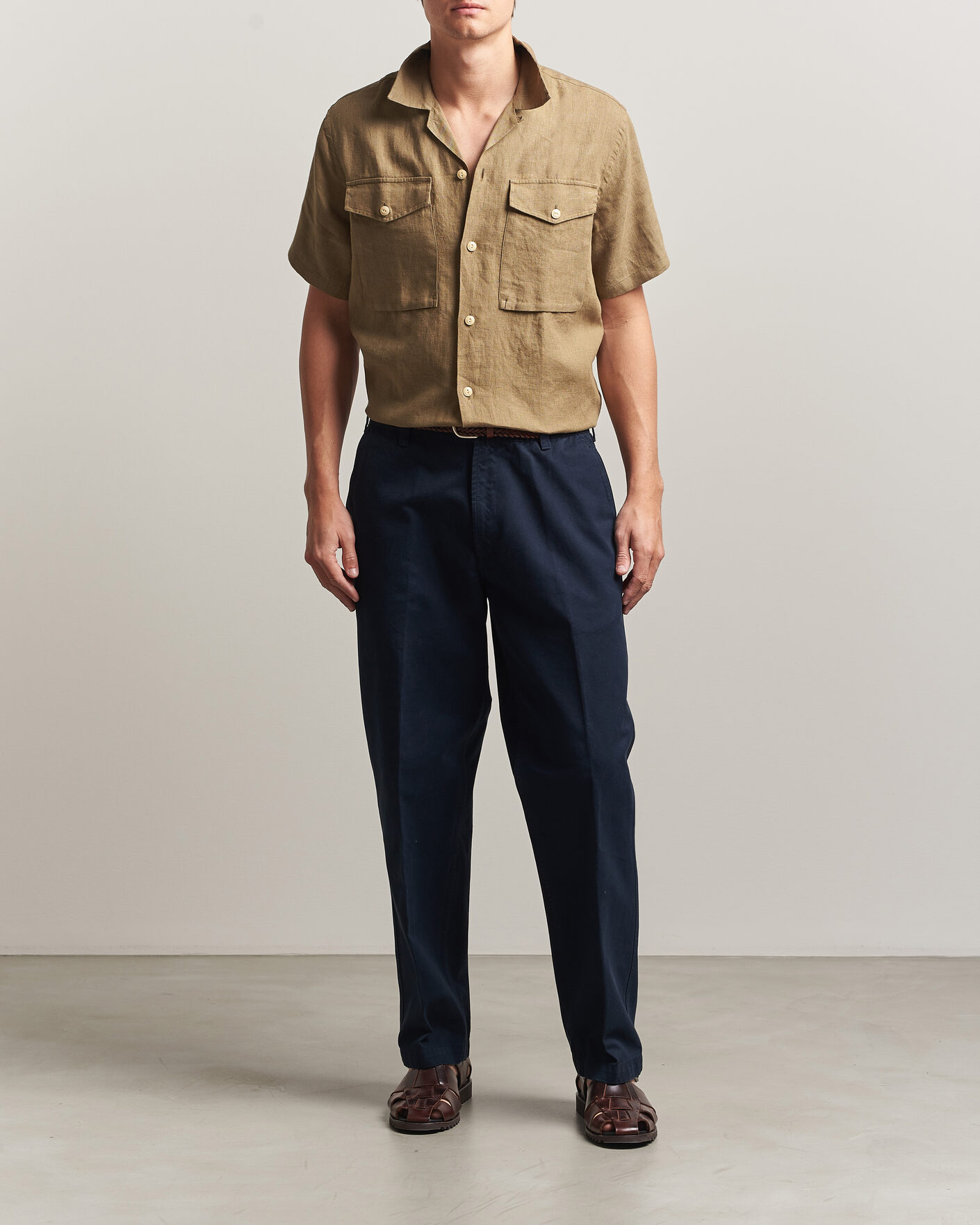 Uomini | Camicie | Drake's | Military Short Sleeve Camp Collar Shirt Khaki