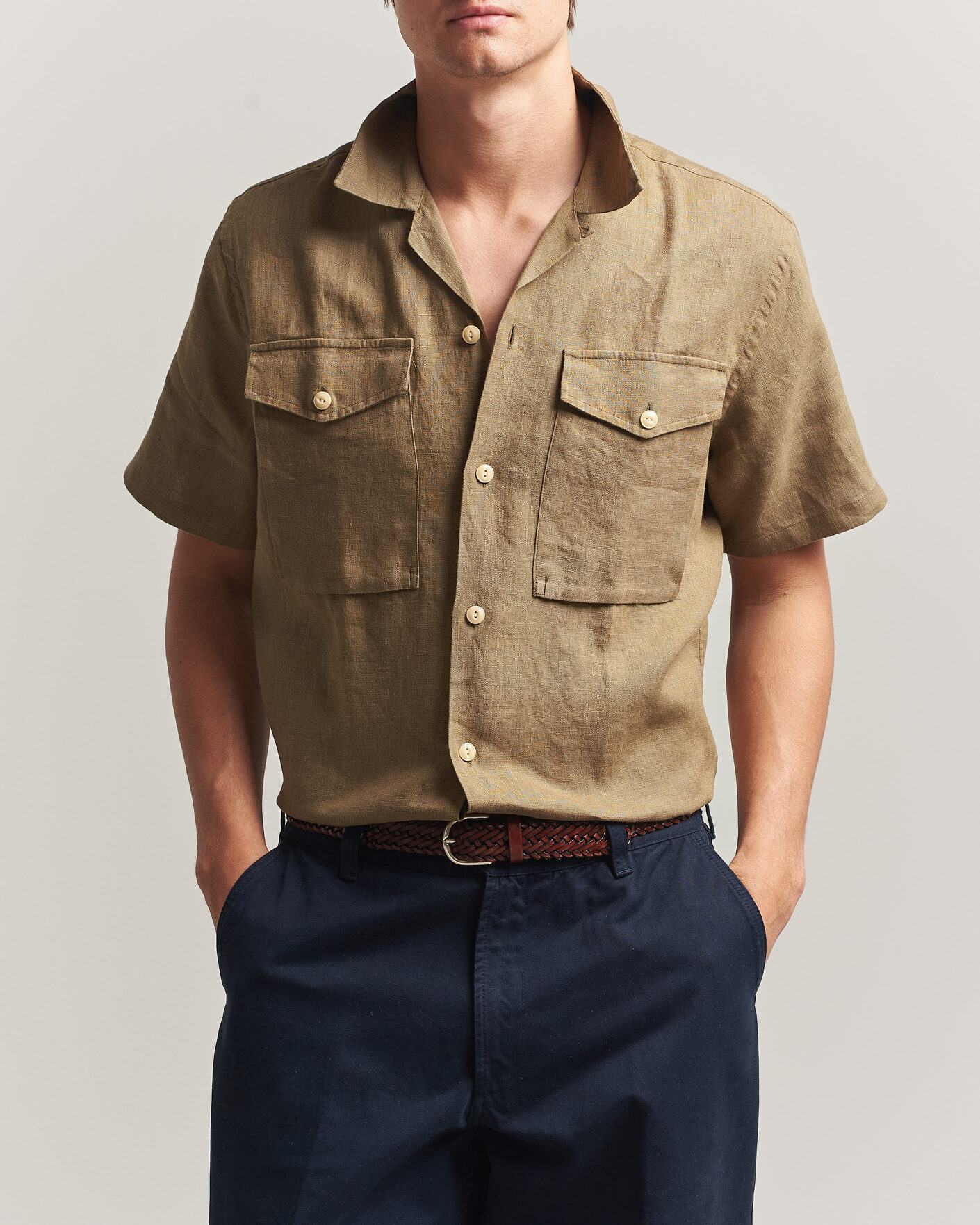 Uomini | Camicie | Drake's | Military Short Sleeve Camp Collar Shirt Khaki
