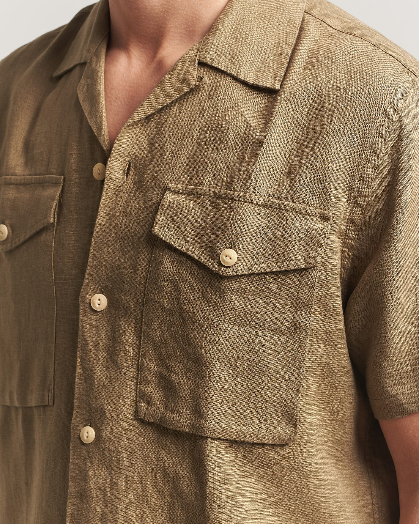 Uomini | Camicie | Drake's | Military Short Sleeve Camp Collar Shirt Khaki
