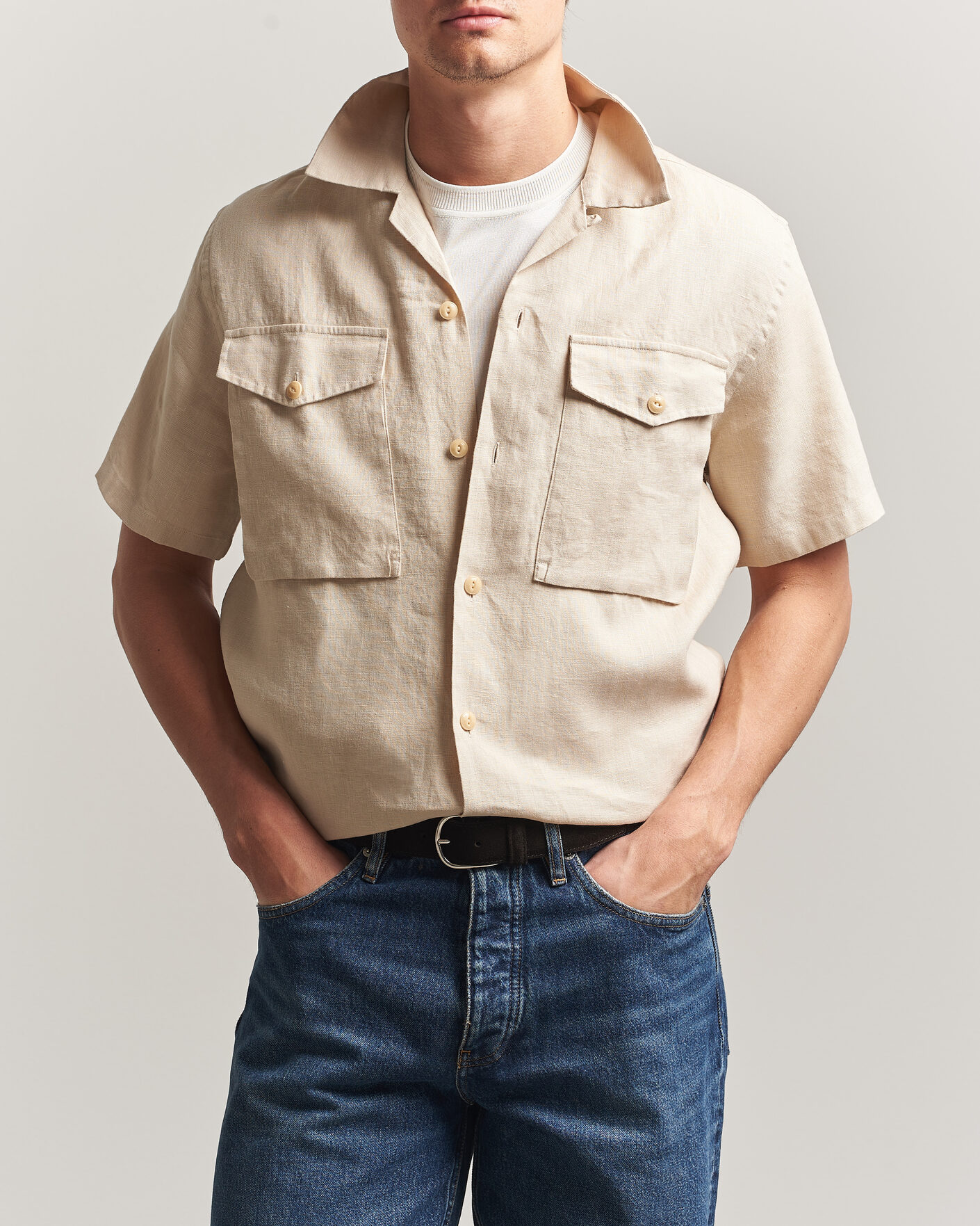 Uomini | Camicie | Drake's | Military Short Sleeve Camp Collar Shirt Ecru
