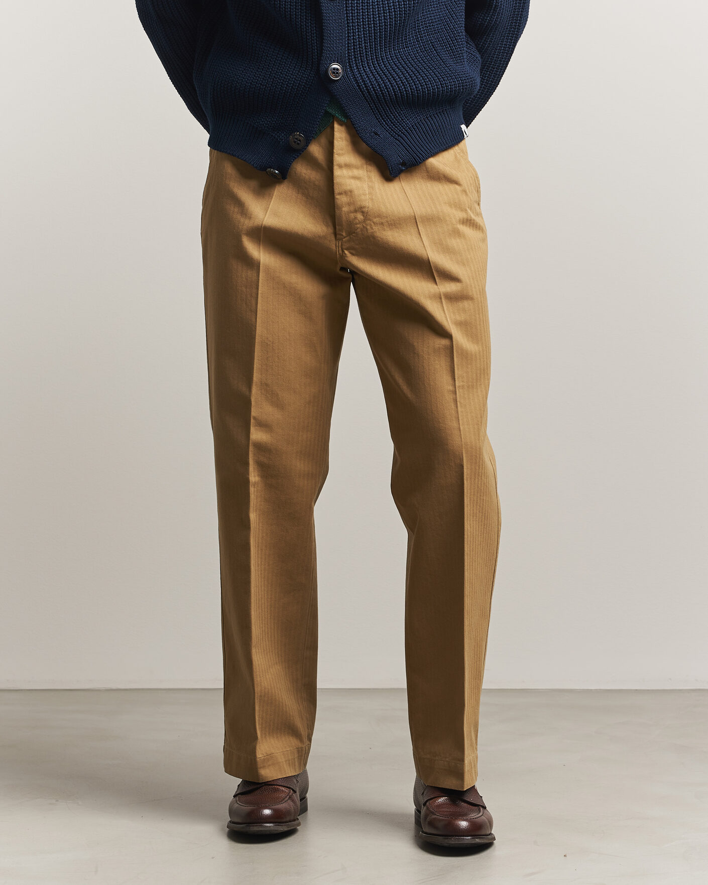 Uomini | Pantaloni | Drake's | Herringbone Wide Leg Chino Khaki
