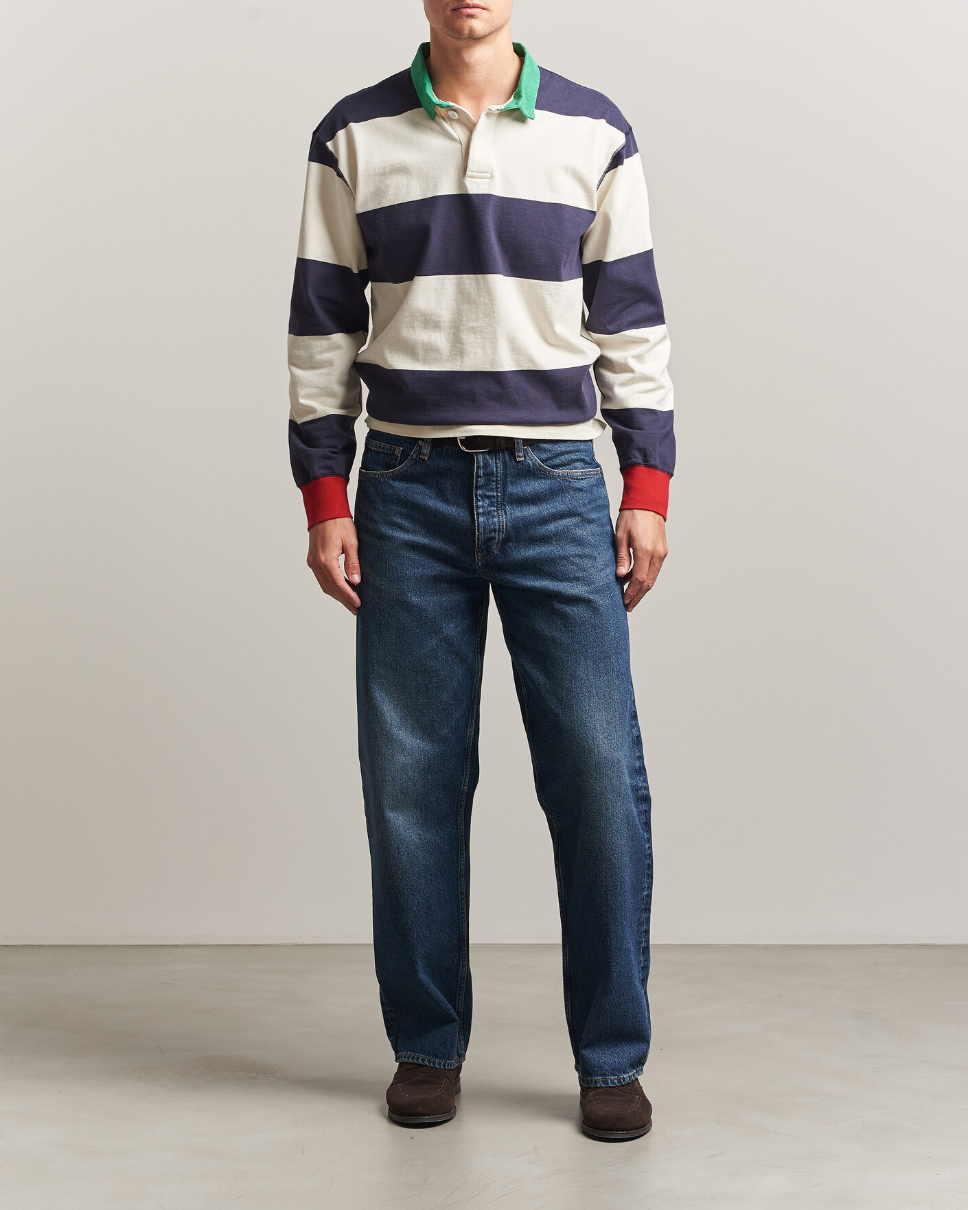 Uomini | Maglieria | Drake's | Dual Block Stripe Rugby Whie/Navy