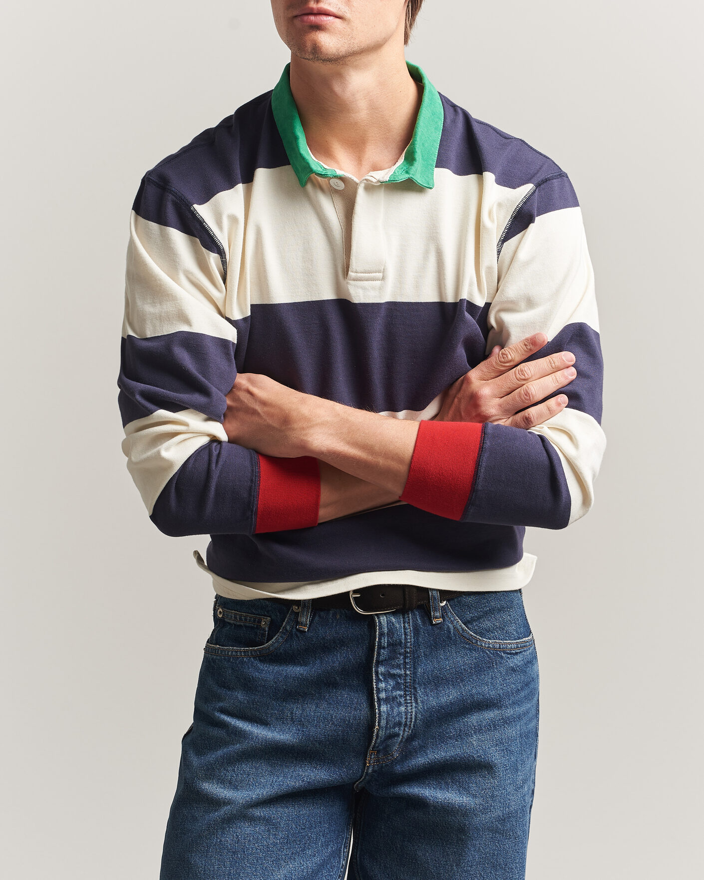 Uomini | Maglieria | Drake's | Dual Block Stripe Rugby Whie/Navy