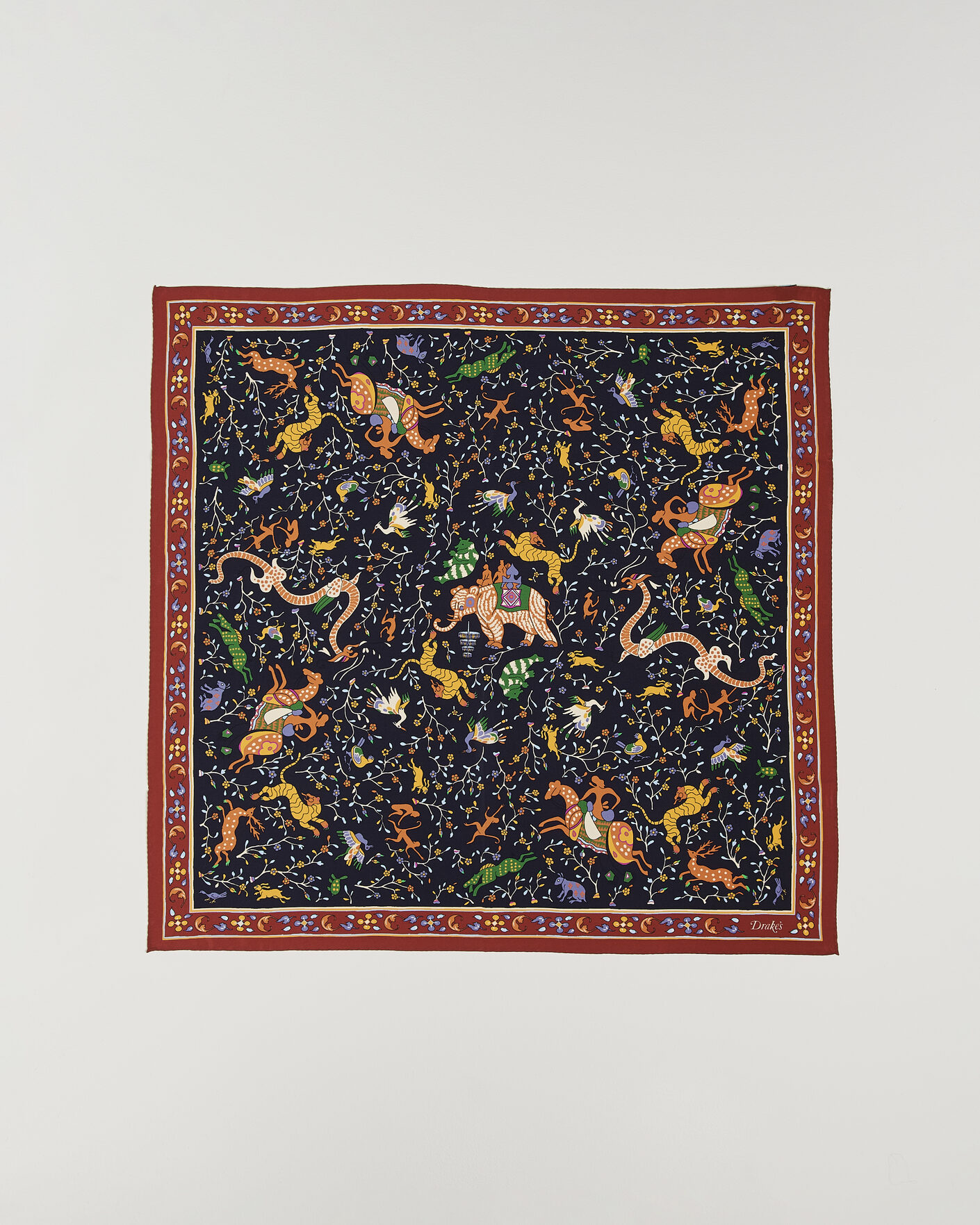 Uomini | Sciarpe | Drake's | Animals And Flowers Print Crepe Silk Bandana Navy