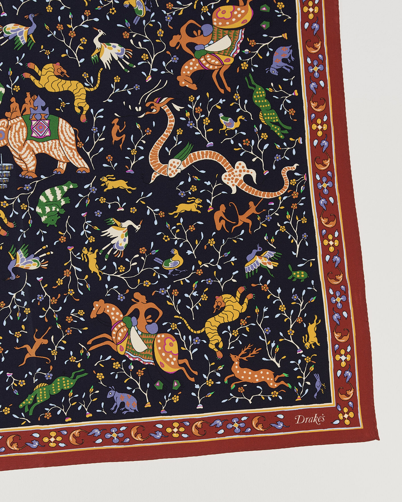 Uomini | Sciarpe | Drake's | Animals And Flowers Print Crepe Silk Bandana Navy