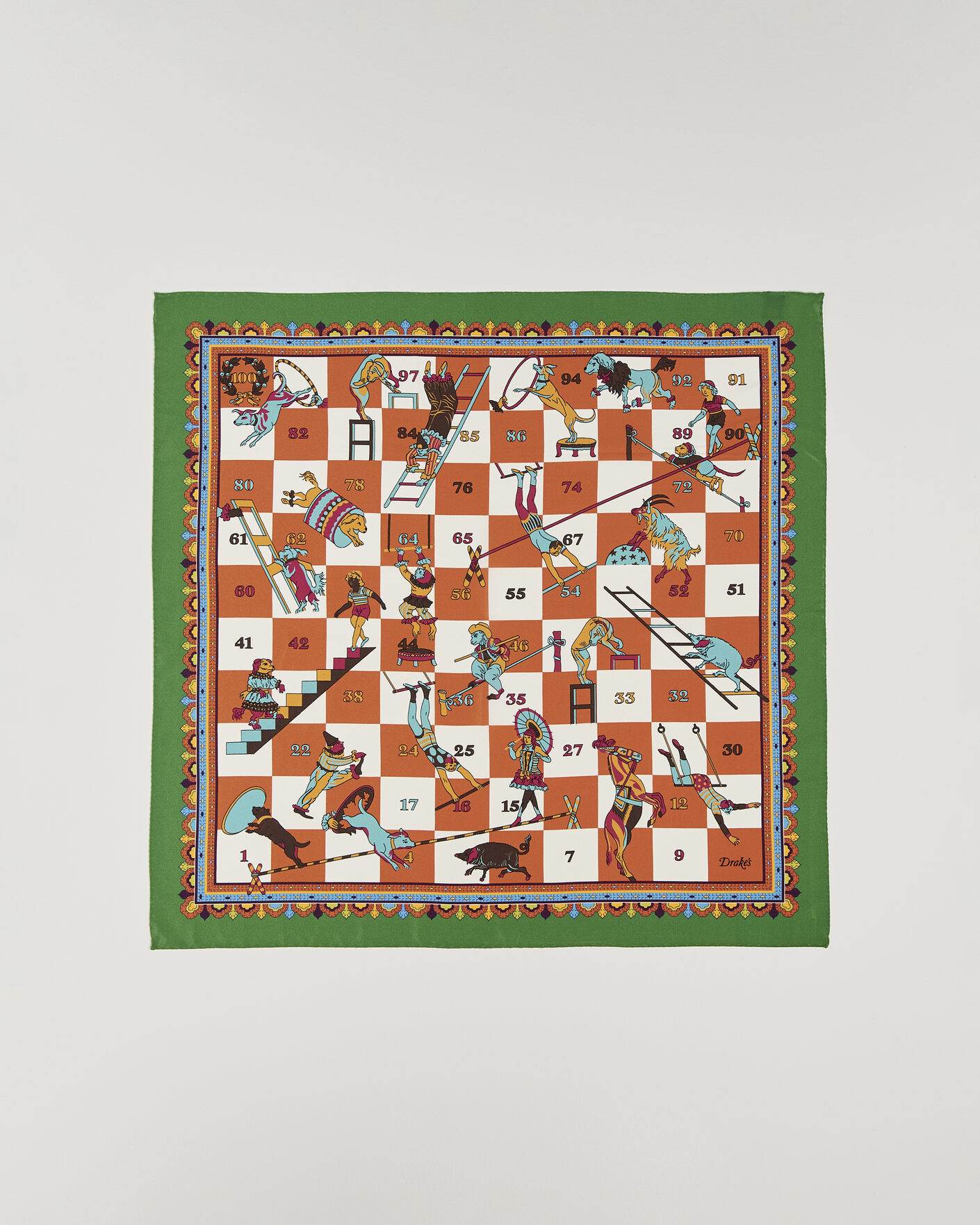 Uomini | Sciarpe | Drake's | Snakes & Ladders Print Crepe Silk Bandana Green