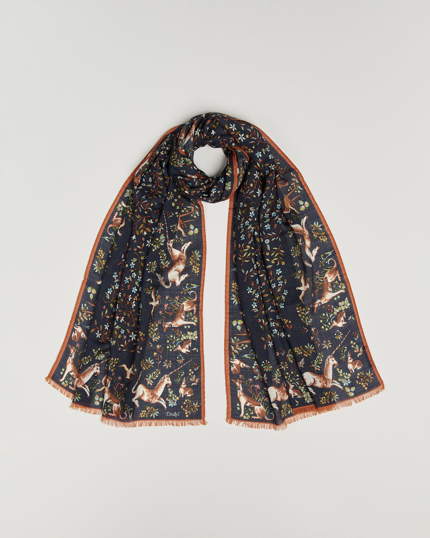 Uomini | Sciarpe | Drake's | Unicorn Garden Wool/Silk Print Scarf Navy