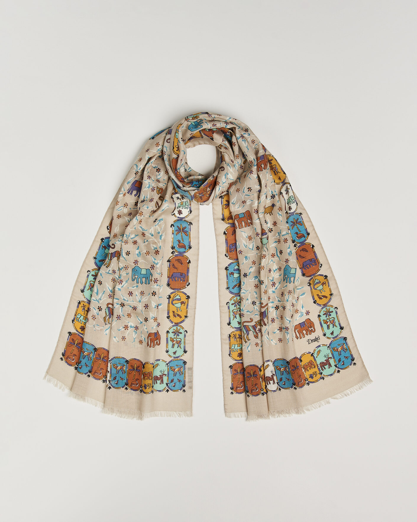 Uomini | Drake's Loose Animal Wool/Silk Print Scarf Beige | Drake's | Loose Animal Wool/Silk Print Scarf Beige