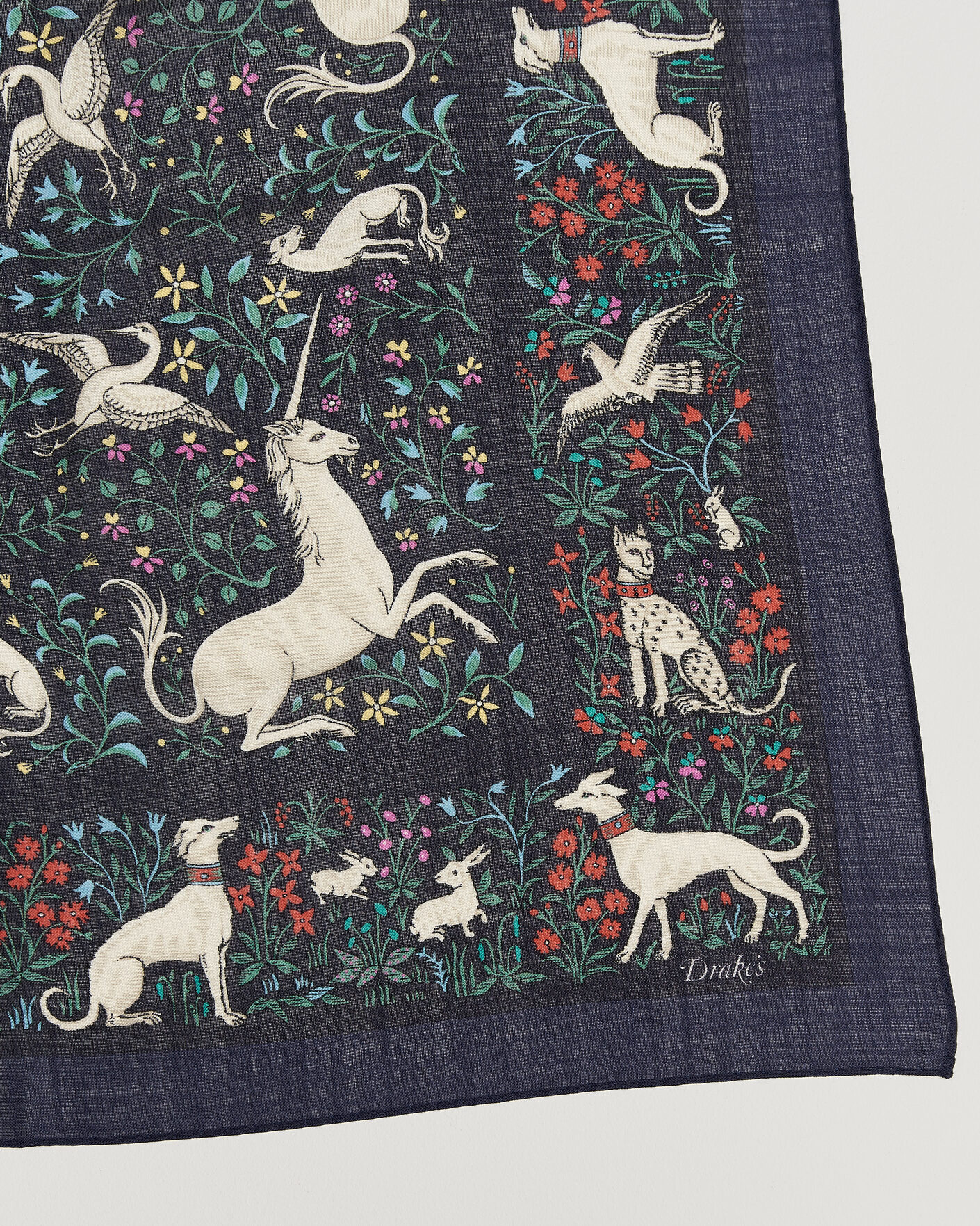 Uomini | Sciarpe | Drake's | Unicorn Print Wool/Silk Bandana Navy