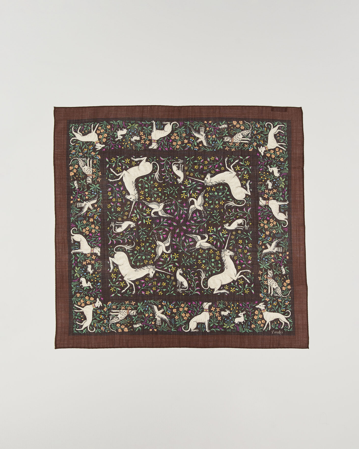 Uomini | Sciarpe | Drake's | Unicorn Print Wool/Silk Bandana Brown