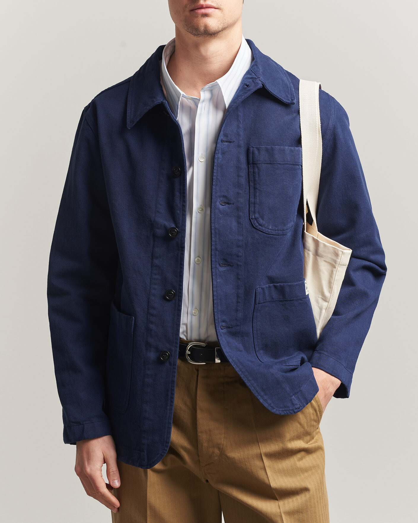 Uomini | Camicie | Merz b. Schwanen | Worker Cotton Twill Overshirt Ink Blue