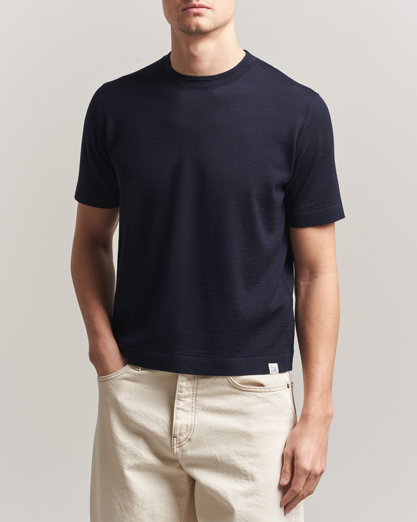 Uomini | T-shirt | Merz b. Schwanen | Relaxed Fit Merino Knitted T-Shirt Dark Navy