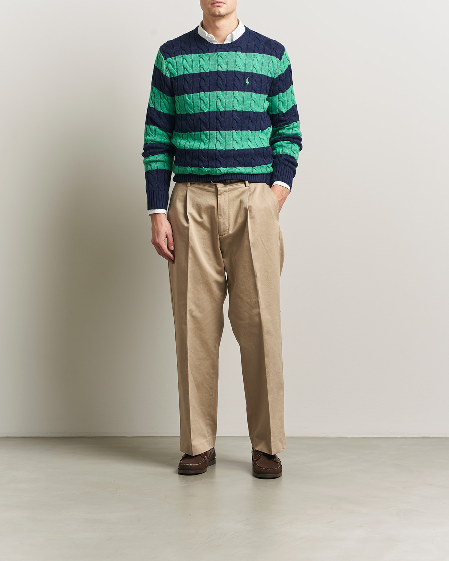 Uomini | Maglieria | Polo Ralph Lauren | Striped Cotton Cable Sweater Navy Green Combo