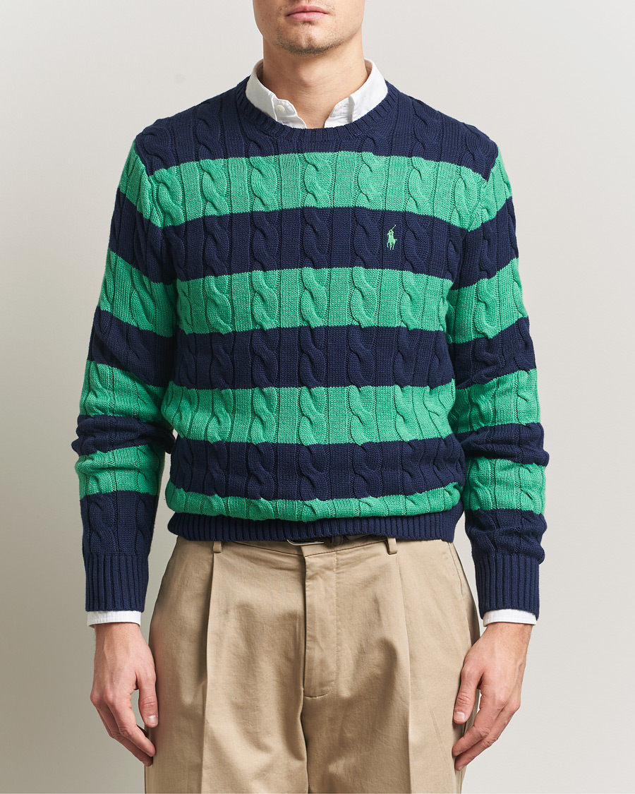 Uomini | Maglieria | Polo Ralph Lauren | Striped Cotton Cable Sweater Navy Green Combo