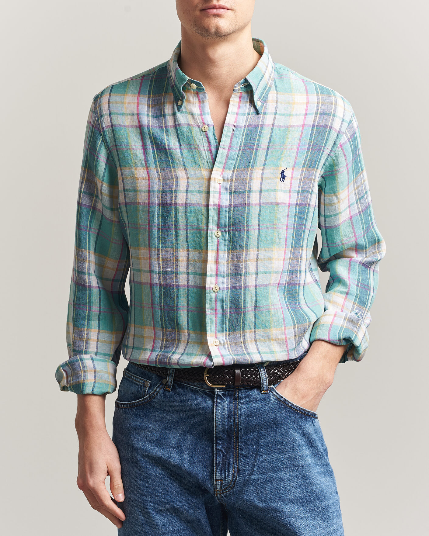 Uomini | Camicie | Polo Ralph Lauren | Custom Fit Check Linen Shirt Green/Blue/White