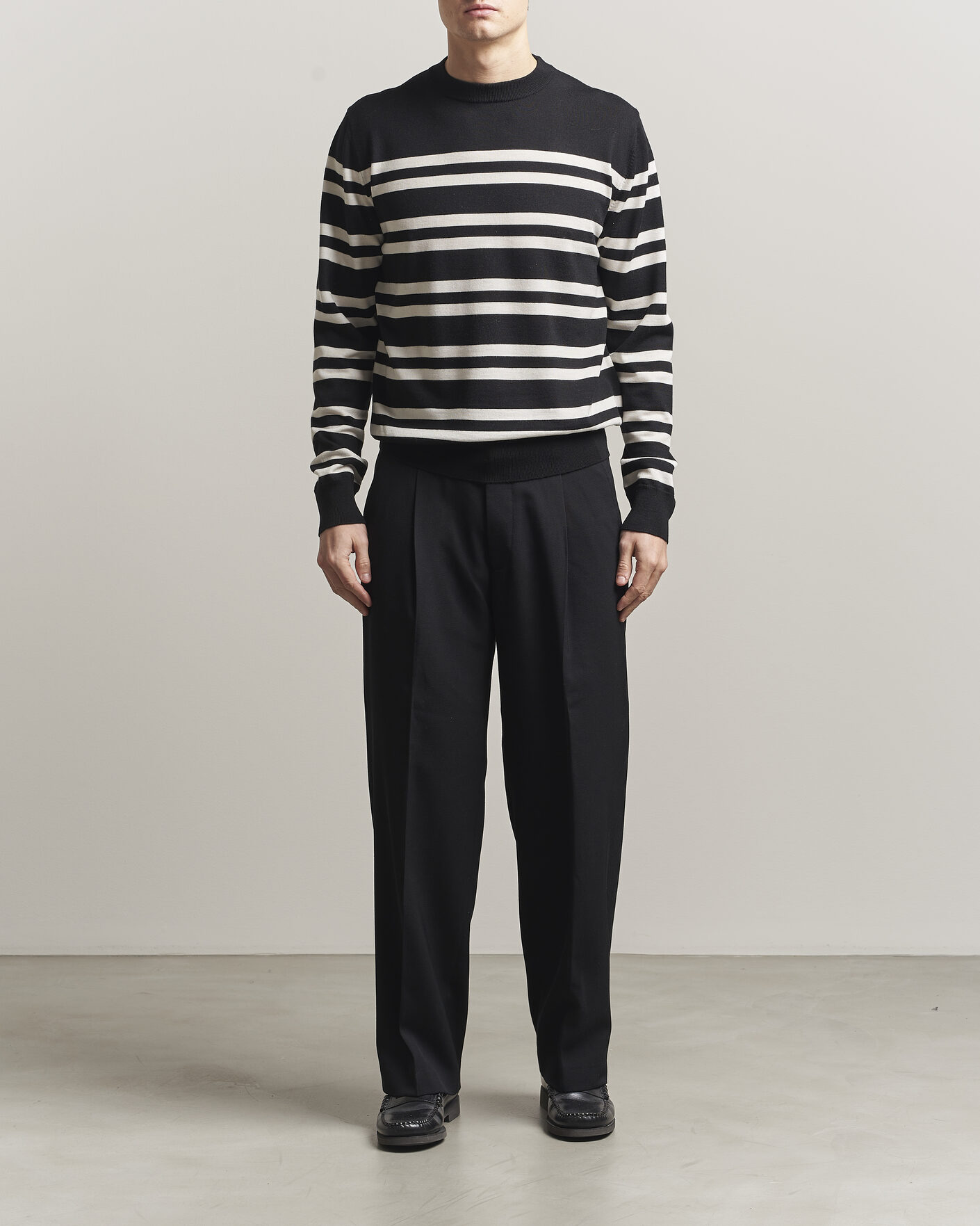Uomini | Maglieria | Filippa K | Merino Knitted Striped Sweater Black/White
